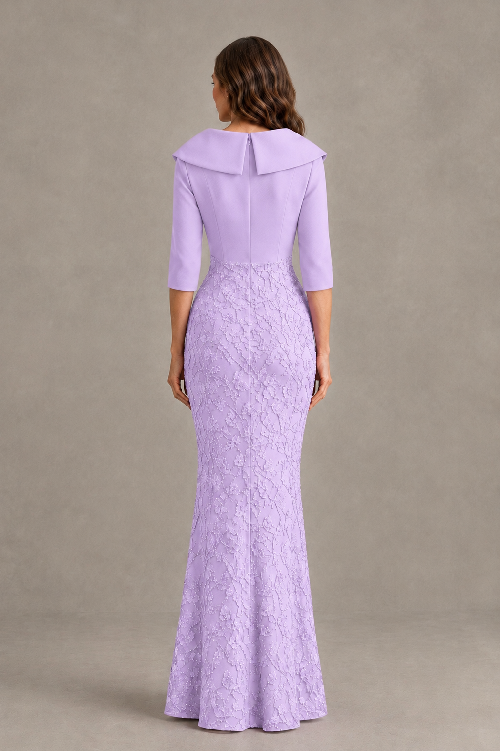 BOLODOO Lilac Three-Quarter Sleeve Mermaid Evening Dress with Floral Detail - Lilac - Lilac_02