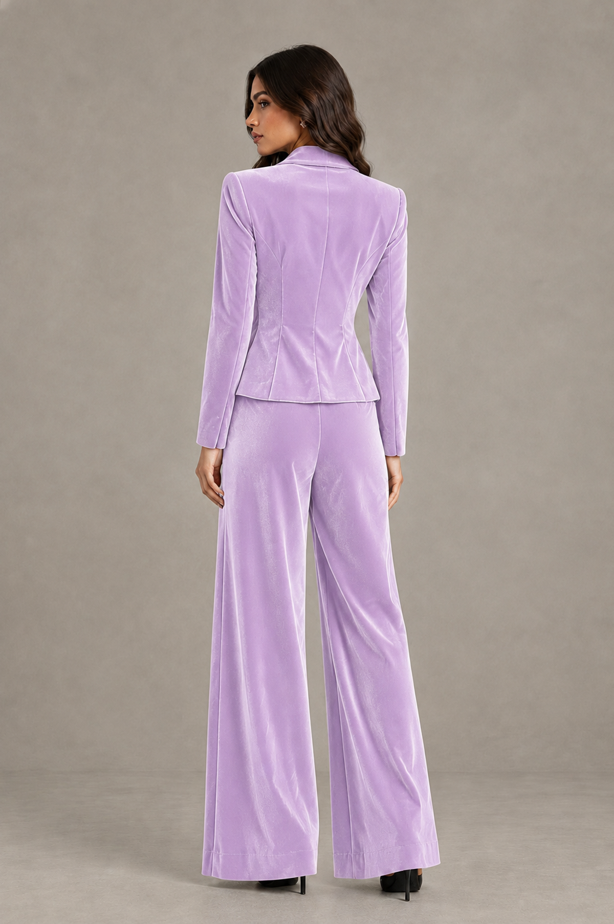 BOLODOO Lilac Velvet Two-Piece Pantsuit with Long Sleeve Blazer & Wide-Leg Trousers - Lilac - Lilac_02