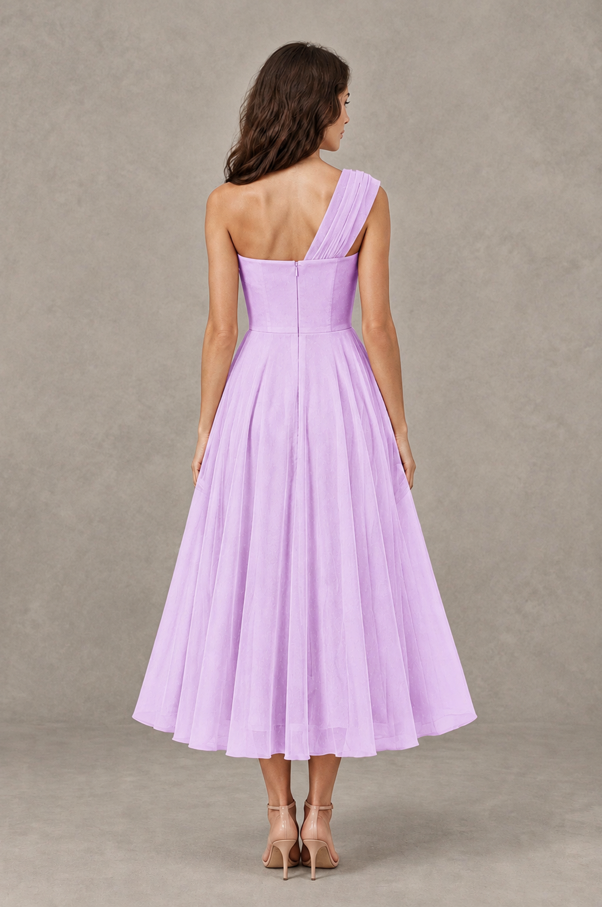 BOLODOO Lilac One-Shoulder Floral Tulle Tea-Length Dress - Lilac - Lilac_02