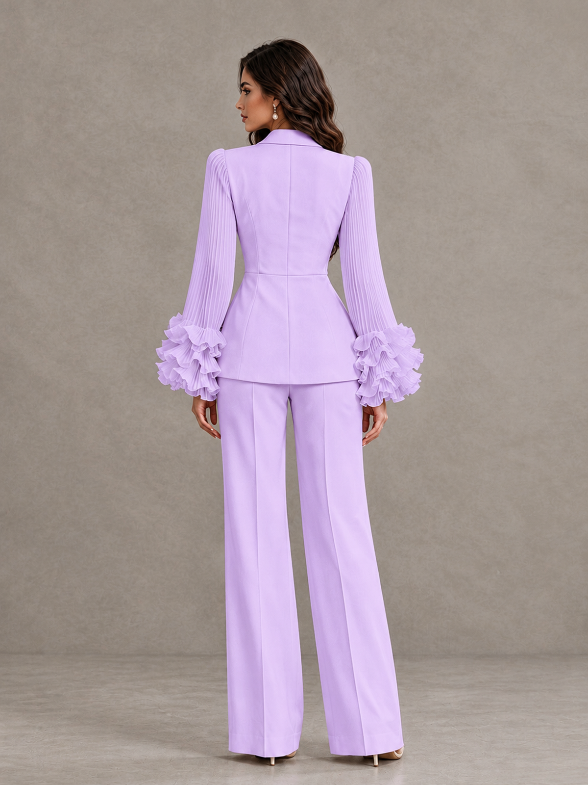 BOLODOO Lilac Mother of the Bride Pant Suit – Pleated Long Sleeve Ruffle Cuff Wide Leg Trouser Suit - Lilac - Lilac_02