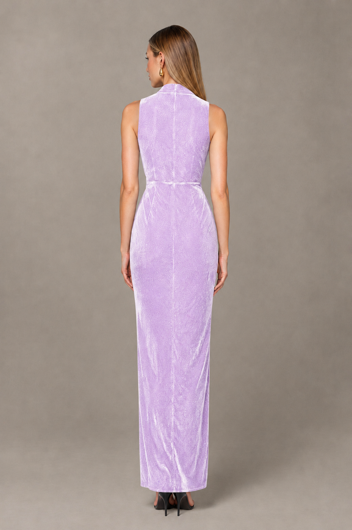 BOLODOO Lilac Velvet-Look Sleeveless V-Neck Ruched Slit Maxi Dress - Lilac - Lilac_02