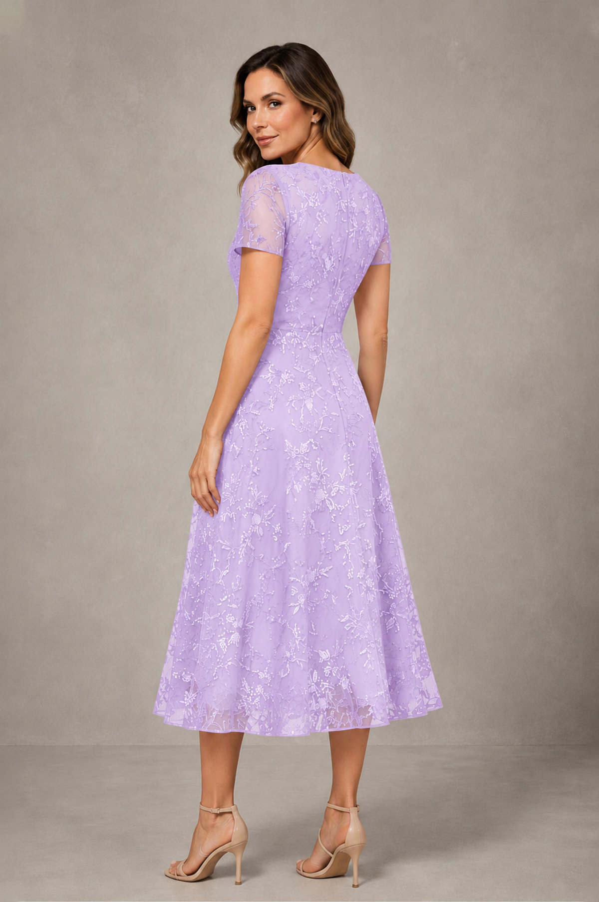 BOLODOO Lilac Textured Floral A-Line Dress with Short Sleeves - Lilac - Lilac_02