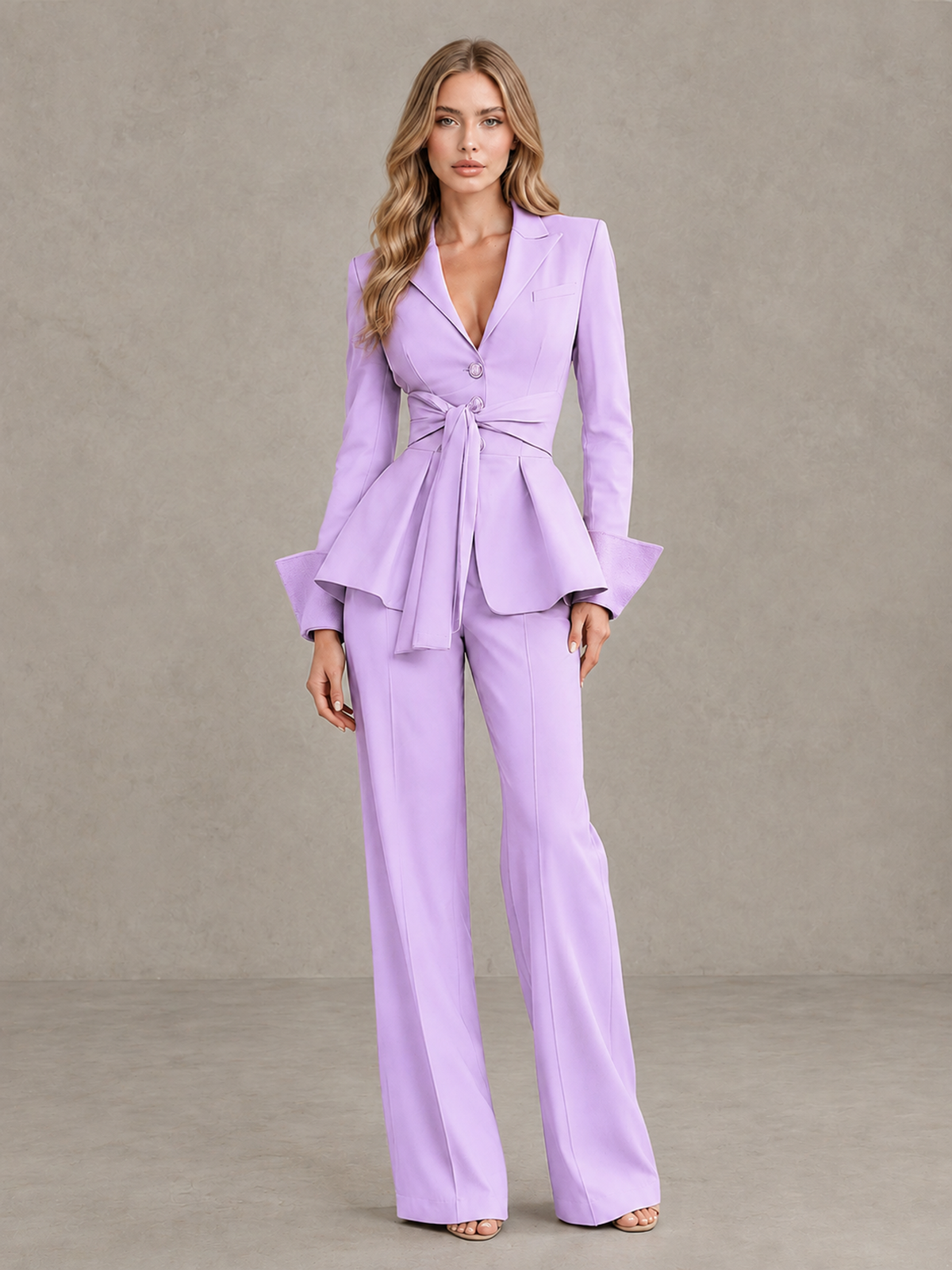 BOLODOO Lilac Belted Peplum Pantsuit with Long Sleeves & Wide-Leg Trousers - Lilac - Lilac_03