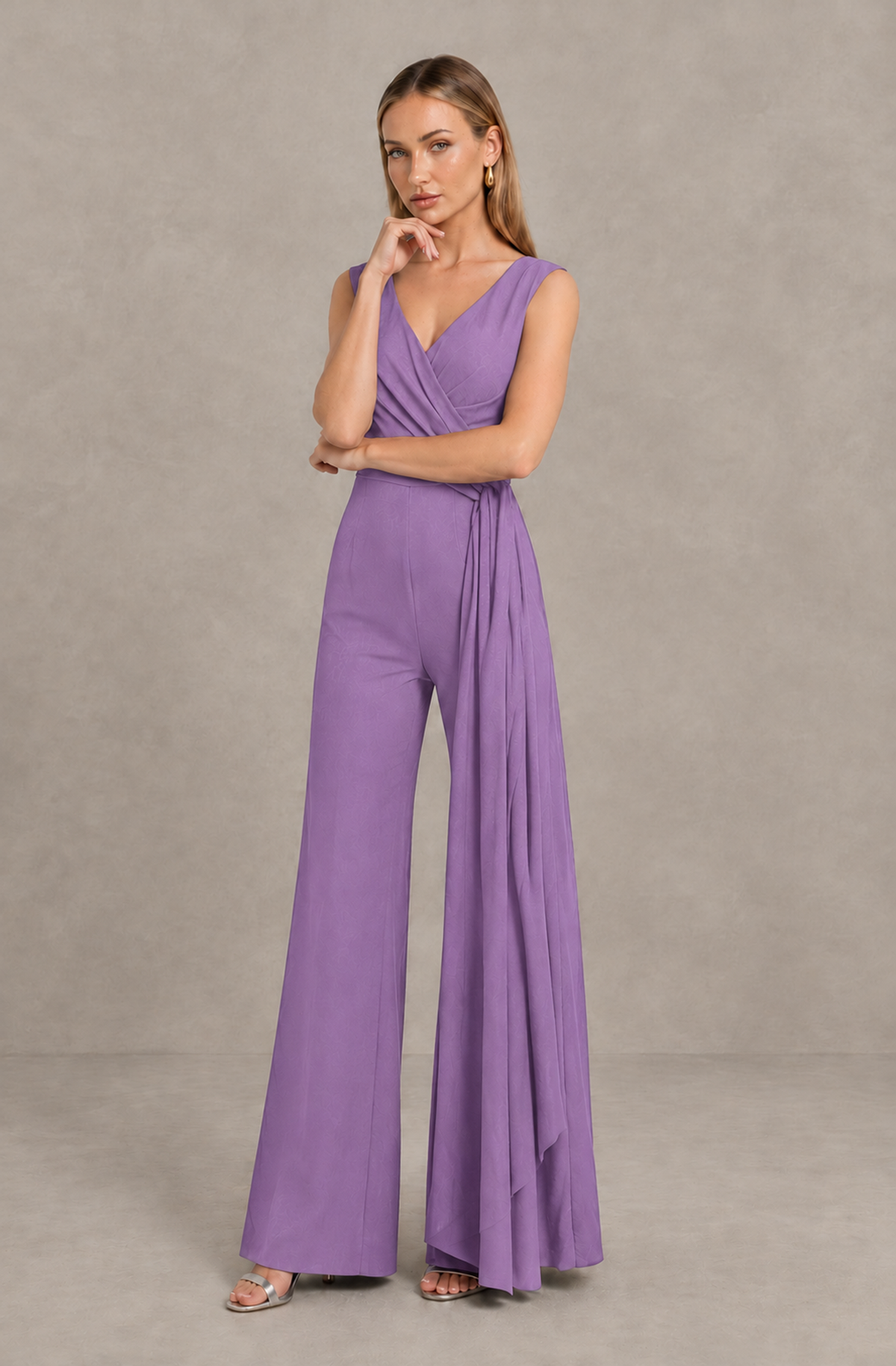 BOLODOO Lilac Sleeveless V-Neck Wide-Leg Jumpsuit with Side Drape - Lilac - Lilac_03
