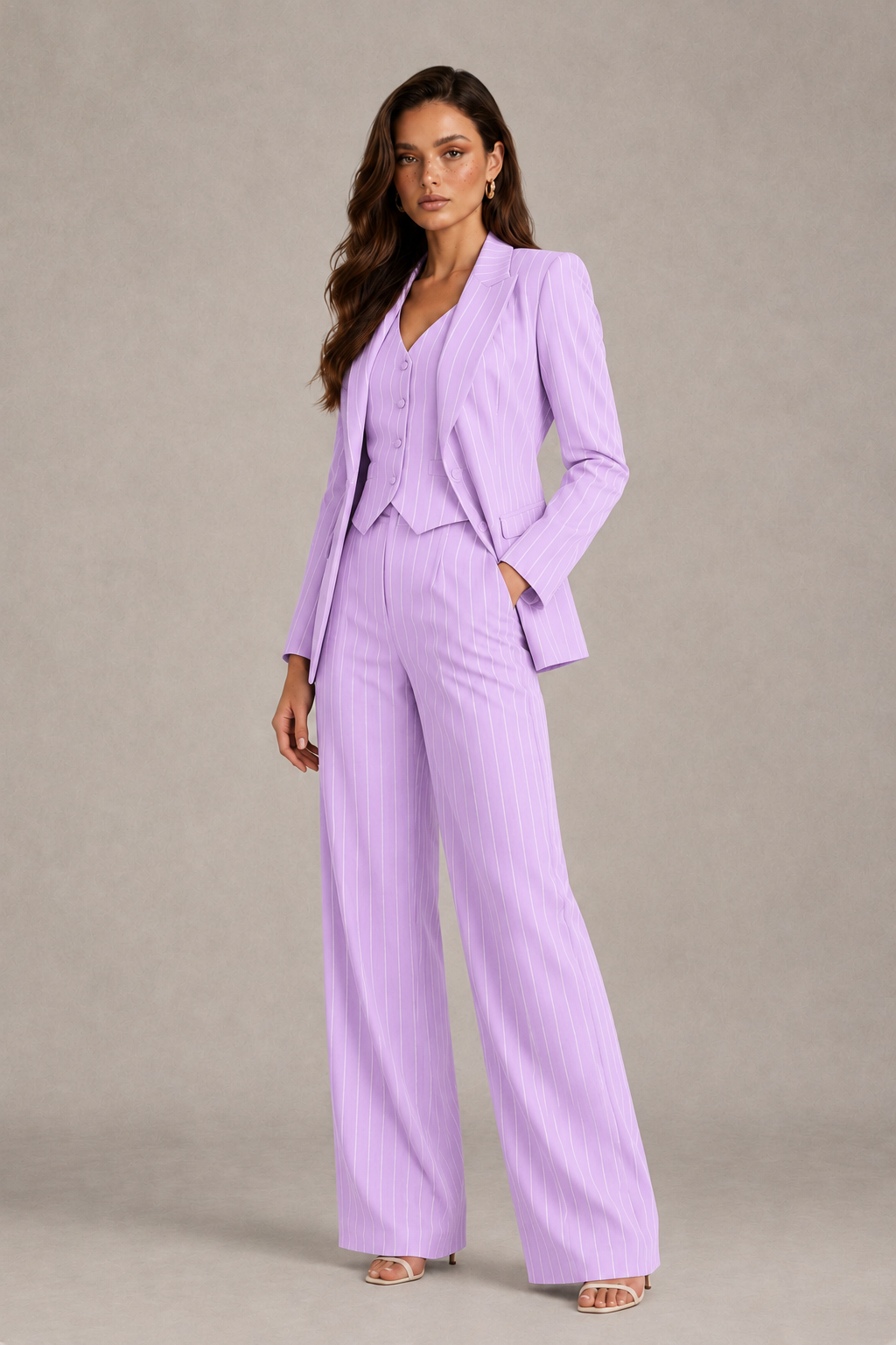 BOLODOO Women's Lilac Pinstripe Three-Piece Pantsuit with Wide-Leg Trousers - Lilac - Lilac_03