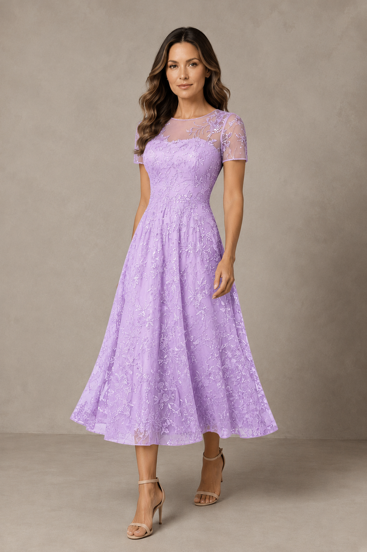 BOLODOO Lilac Textured Floral A-Line Dress with Short Sleeves - Lilac - Lilac_03
