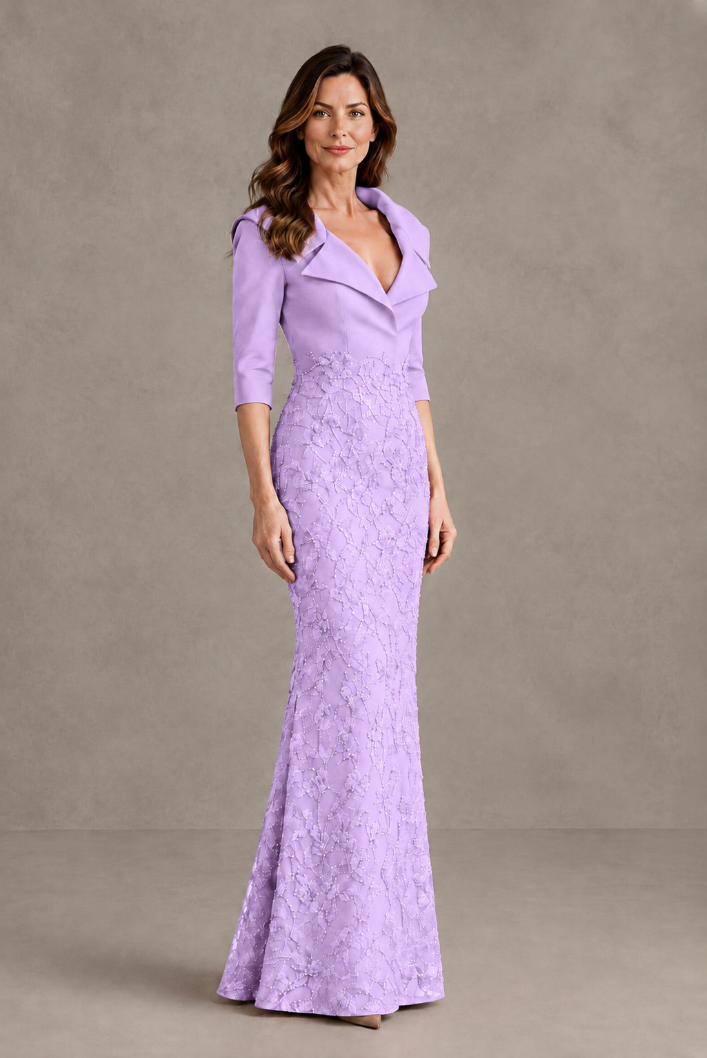 BOLODOO Lilac Three-Quarter Sleeve Mermaid Evening Dress with Floral Detail - Lilac - Lilac_03
