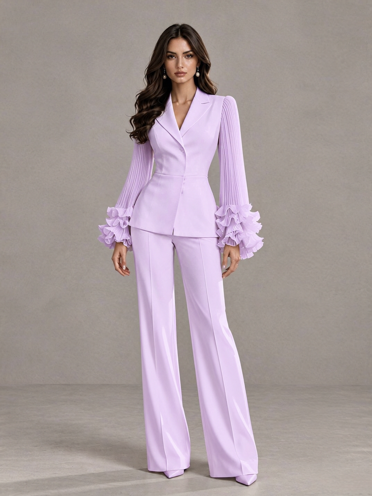 BOLODOO Lilac Mother of the Bride Pant Suit – Pleated Long Sleeve Ruffle Cuff Wide Leg Trouser Suit - Lilac - Lilac_03