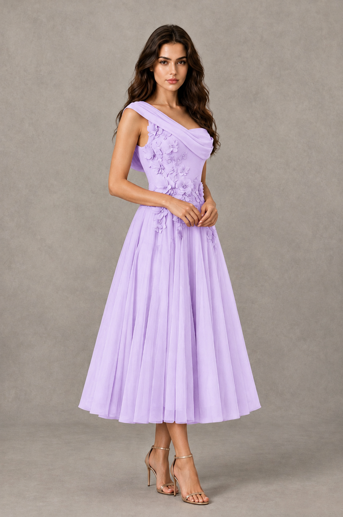 BOLODOO Lilac One-Shoulder Floral Tulle Tea-Length Dress - Lilac - Lilac_03