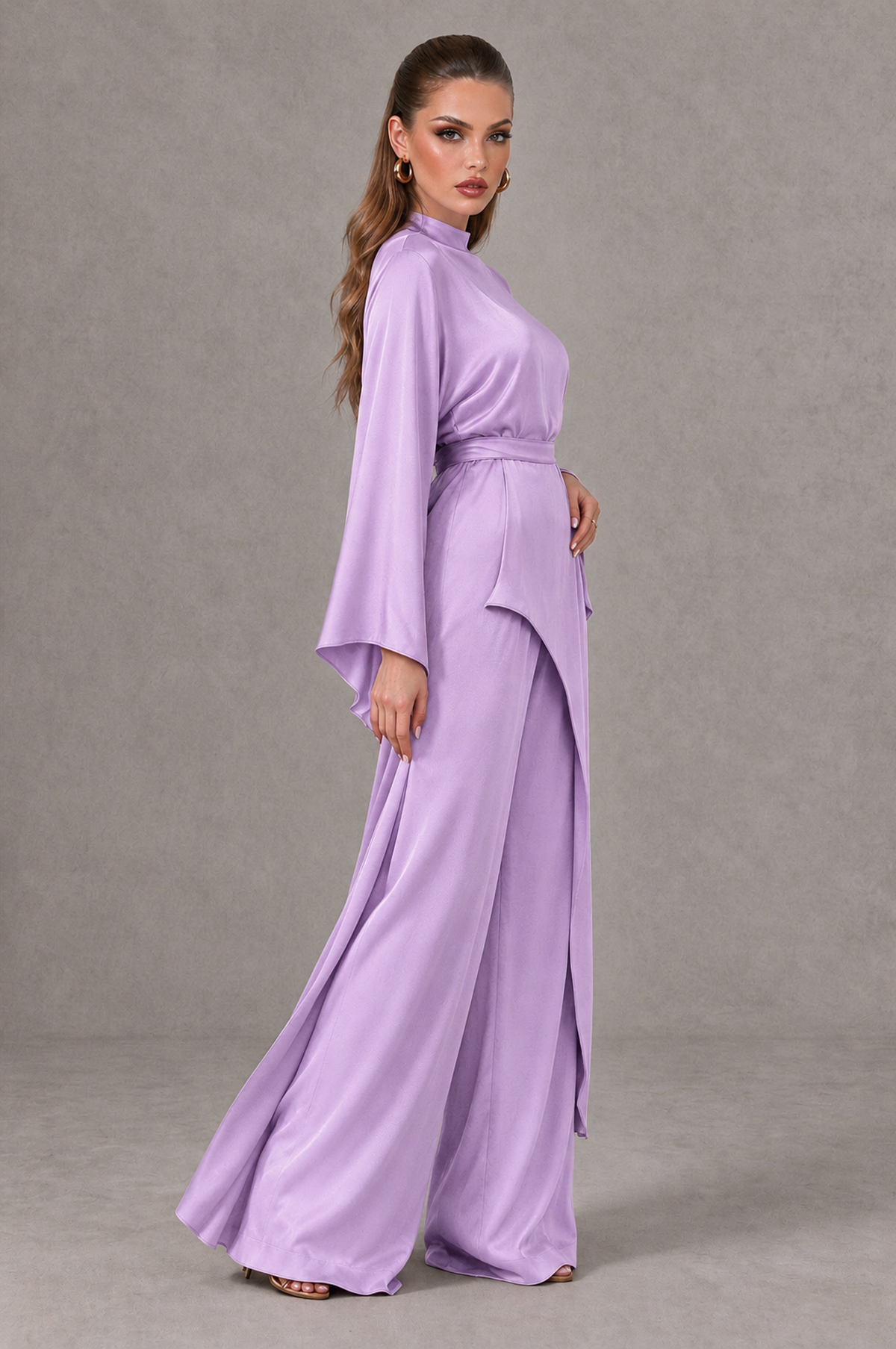 BOLODOO Lilac Satin-Look Long Sleeve Wide-Leg Jumpsuit - Lilac - Lilac_03