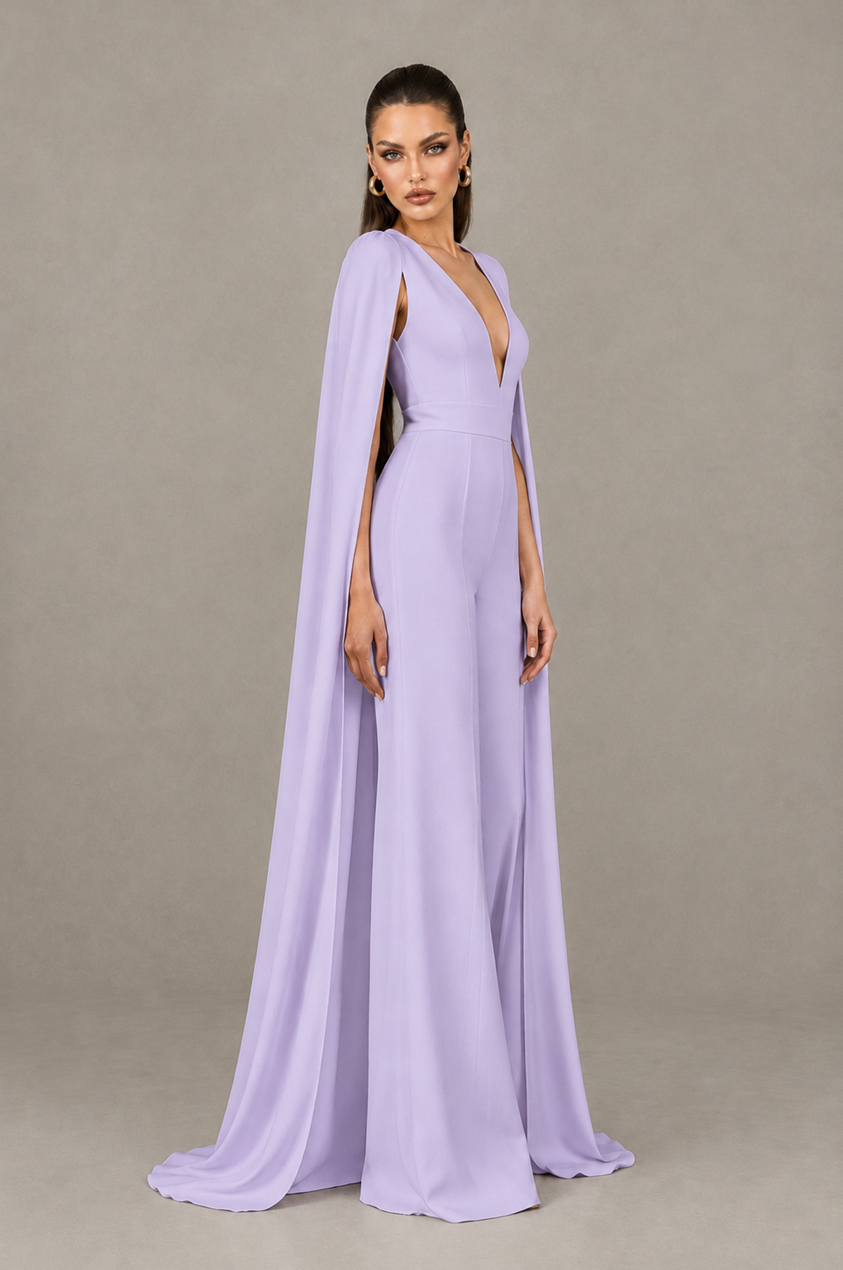 BOLODOO Lilac Deep V-Neck Cape Sleeve Bridal Jumpsuit - Lilac - Lilac_03
