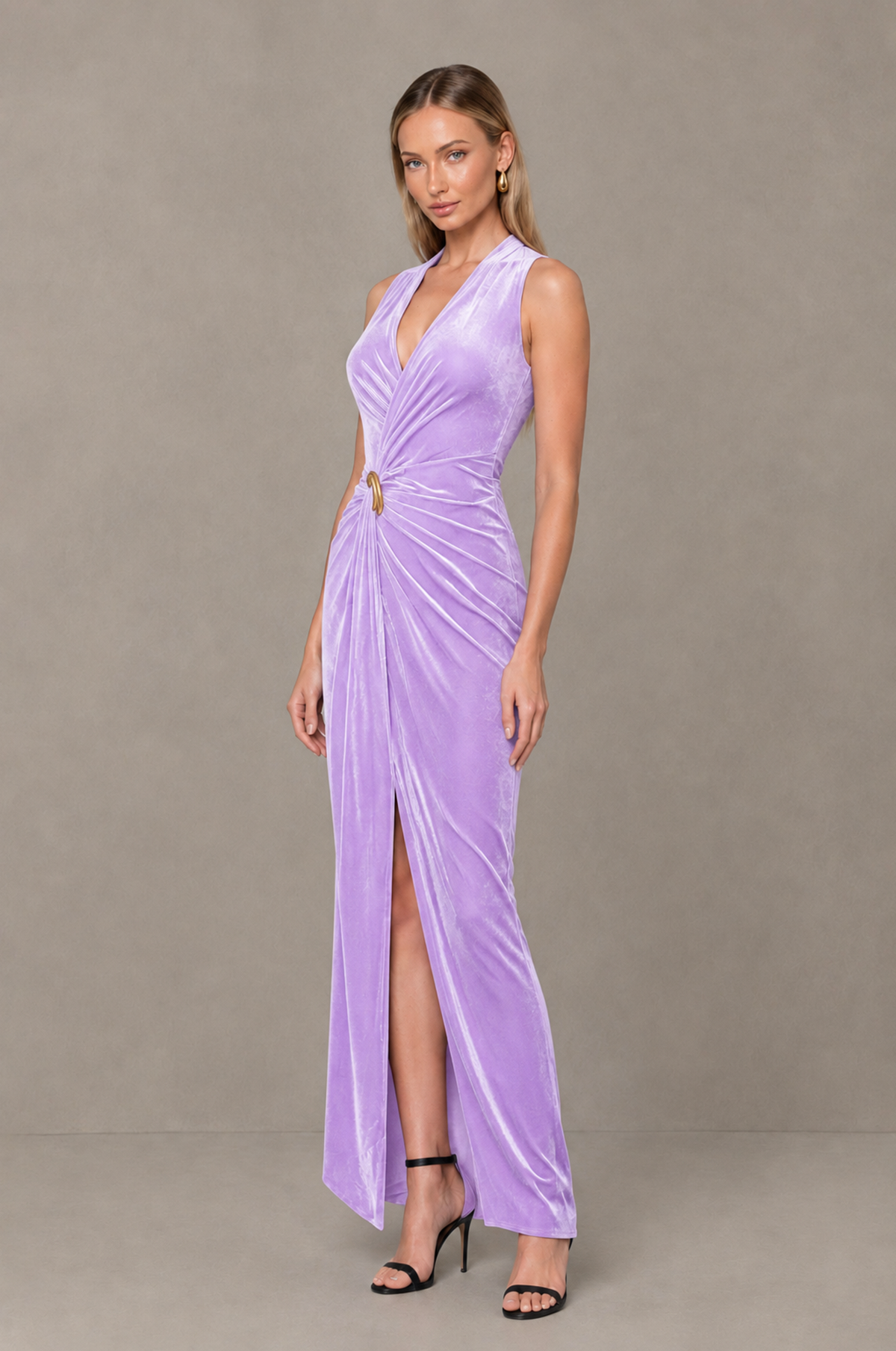 BOLODOO Lilac Velvet-Look Sleeveless V-Neck Ruched Slit Maxi Dress - Lilac - Lilac_03