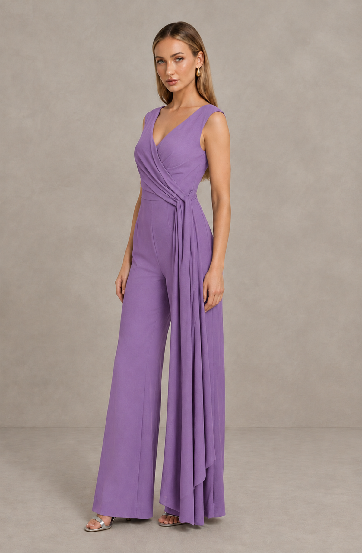 BOLODOO Lilac Sleeveless V-Neck Wide-Leg Jumpsuit with Side Drape - Lilac - Lilac_04