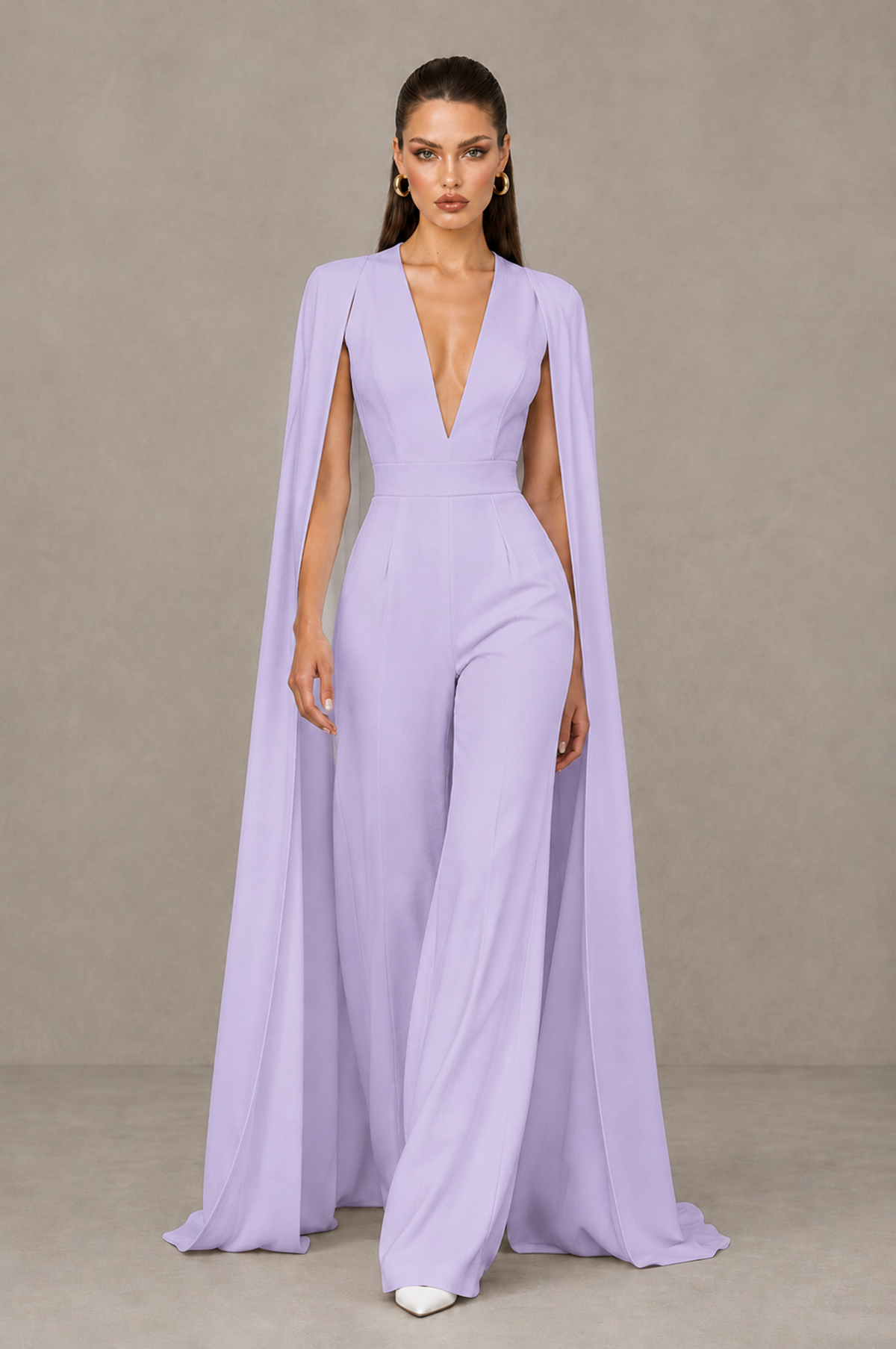 BOLODOO Lilac Deep V-Neck Cape Sleeve Bridal Jumpsuit - Lilac - Lilac_04