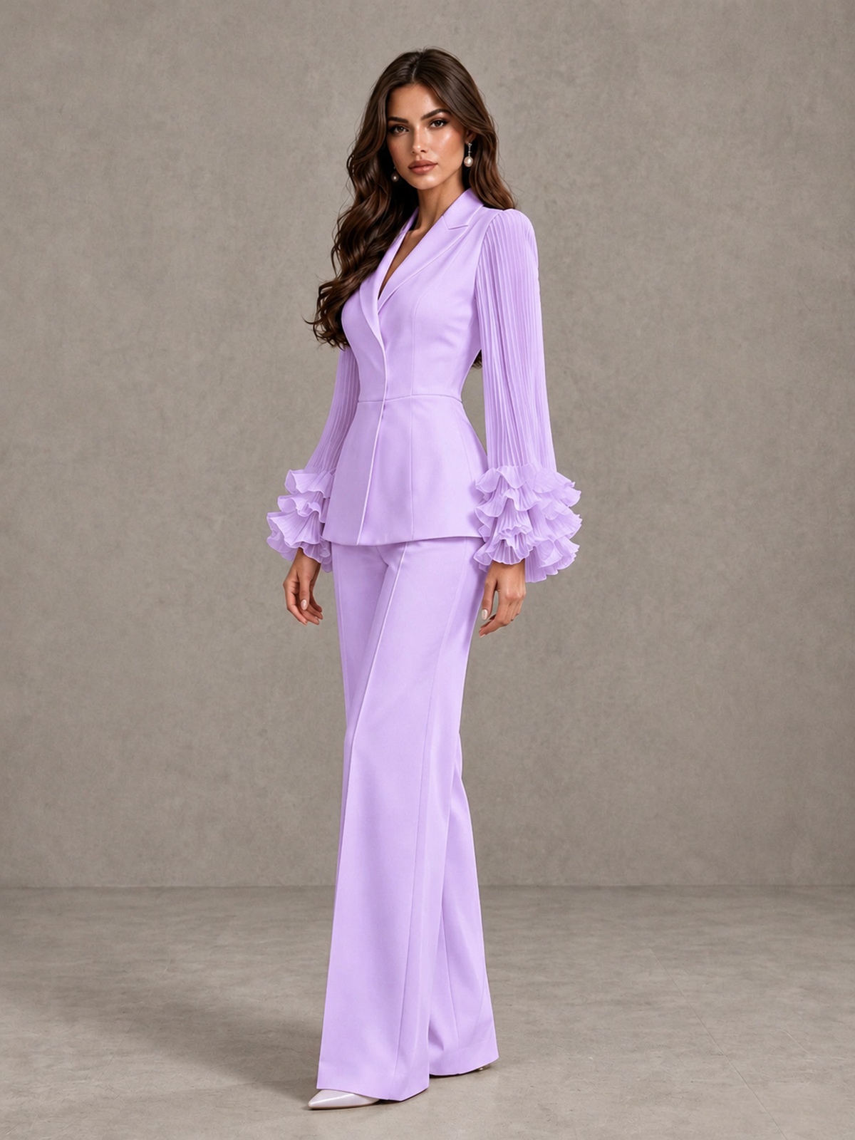 BOLODOO Lilac Mother of the Bride Pant Suit – Pleated Long Sleeve Ruffle Cuff Wide Leg Trouser Suit - Lilac - Lilac_04