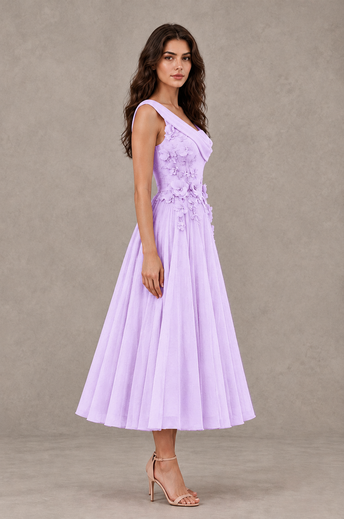 BOLODOO Lilac One-Shoulder Floral Tulle Tea-Length Dress - Lilac - Lilac_04