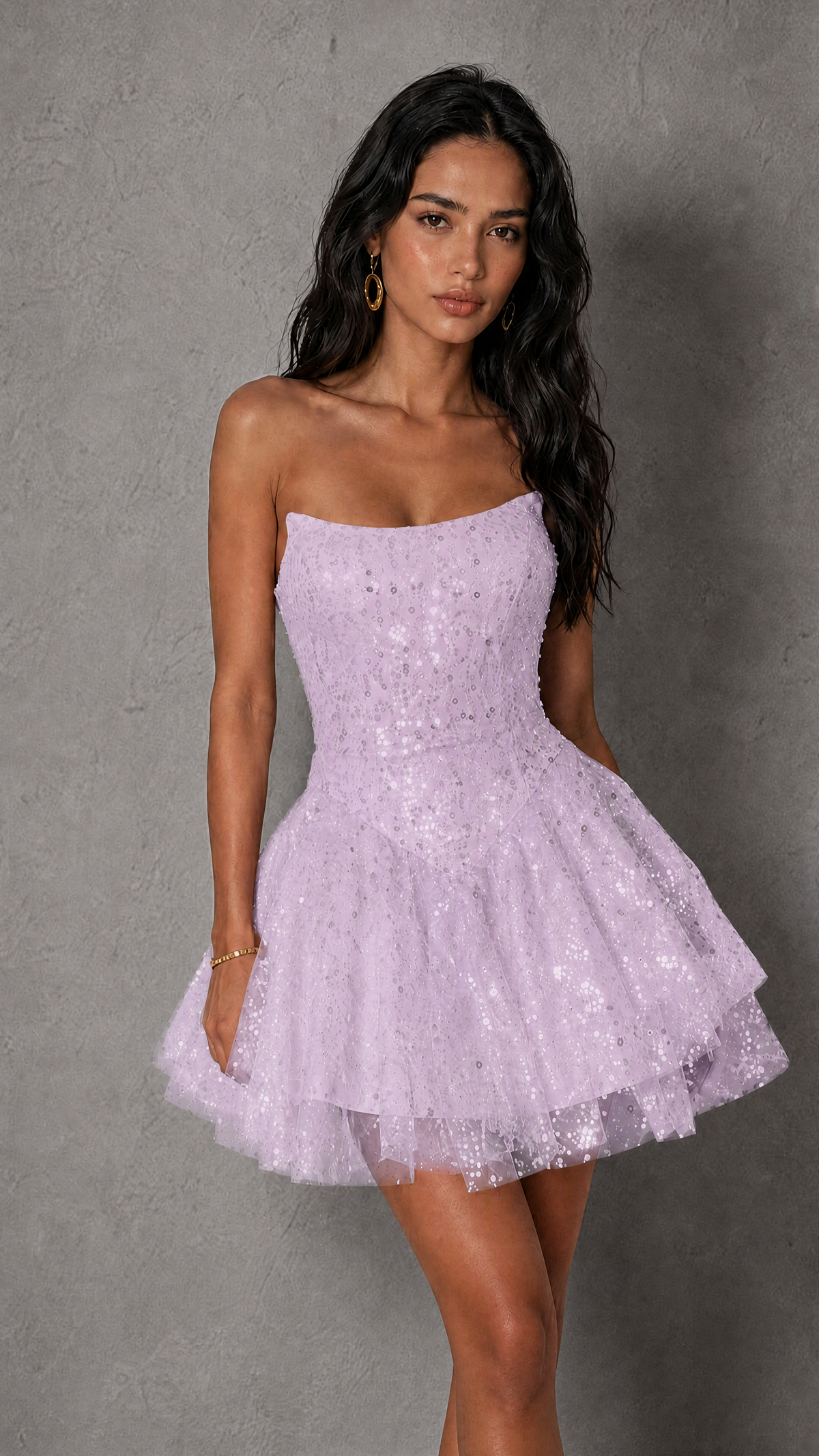 BOLODOO Lilac Sequin Strapless Corset Tiered Ruffle Mini Dress | BD0563 - Lilac