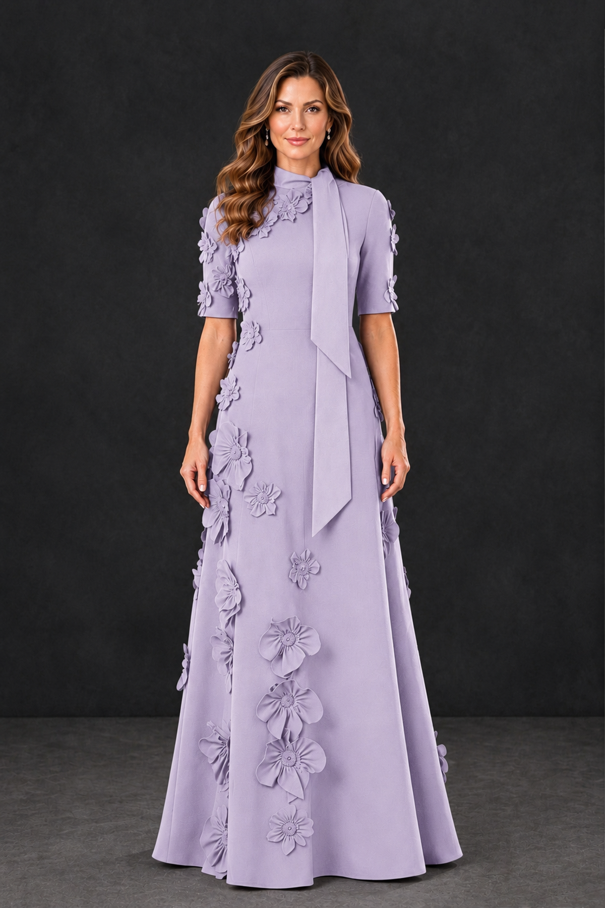 BOLODOO Lilac Floral Applique High-Neck Half-Sleeve Gown - Lilac - Lilac_1