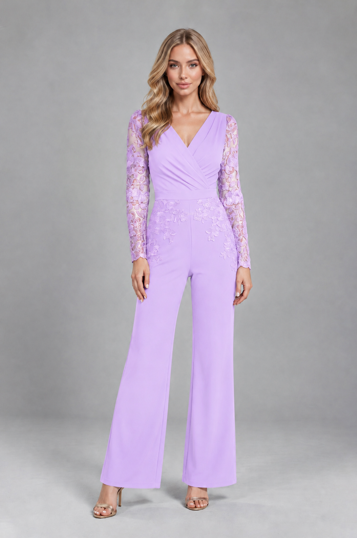 BOLODOO Lilac Lace Long-Sleeve V-Neck Mother Pant Suit - Lilac - Lilac_1