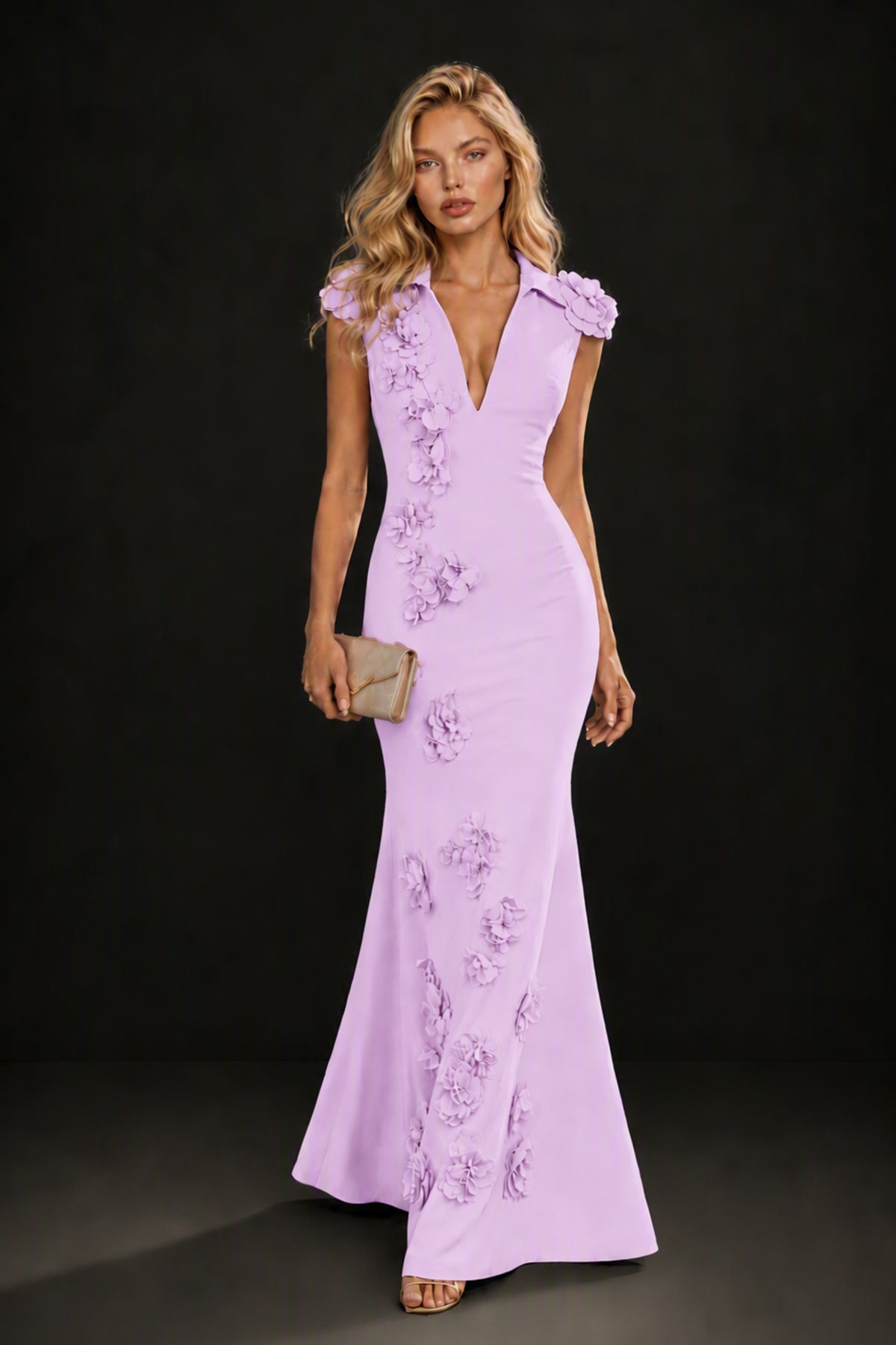 BOLODOO Lilac 3D Floral Appliqué Deep V-Neck Cap Sleeve Mermaid Gown - Lilac