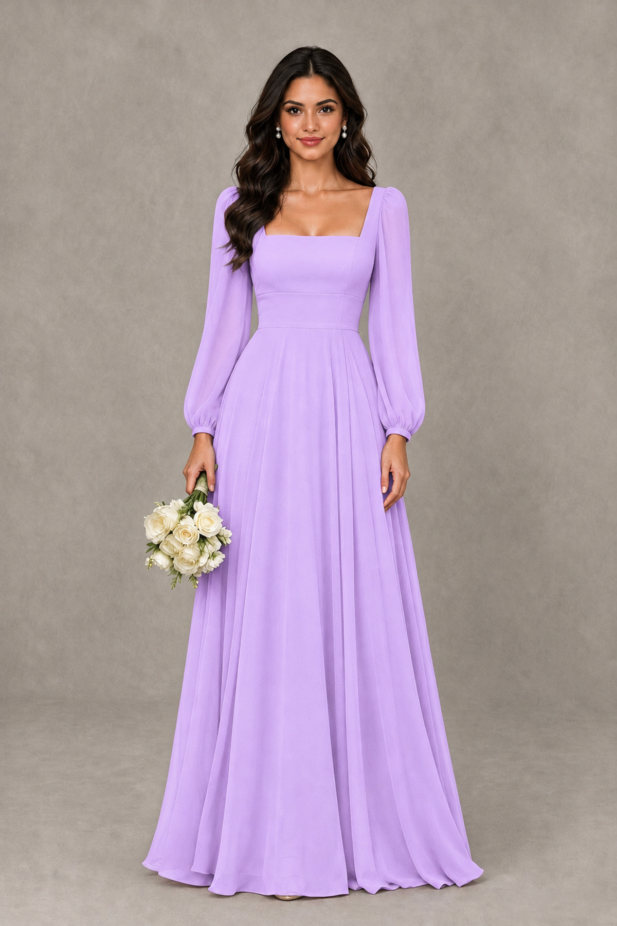 BOLODOO Lilac Square Neck Long Sleeve A-Line Bridesmaid Dress - Lilac - Lilac_1
