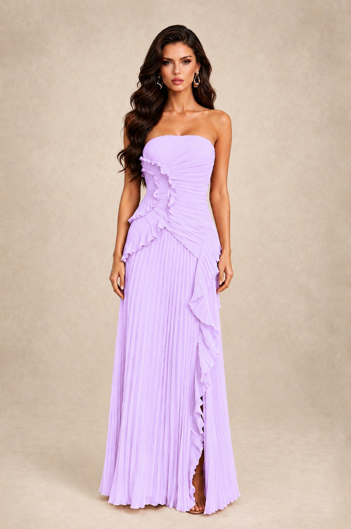 BOLODOO Lilac Strapless Ruffle Pleated Slit Evening Gown - Lilac - Lilac_1