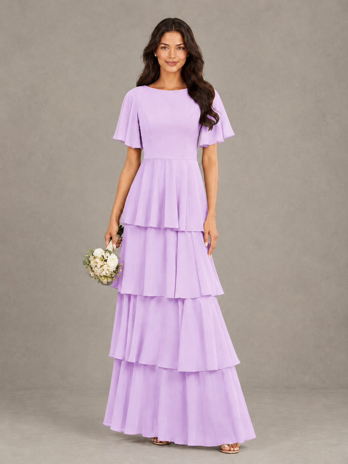 BOLODOO Lilac Tiered Flutter Sleeve Bridesmaid Dress - Lilac - Lilac_1