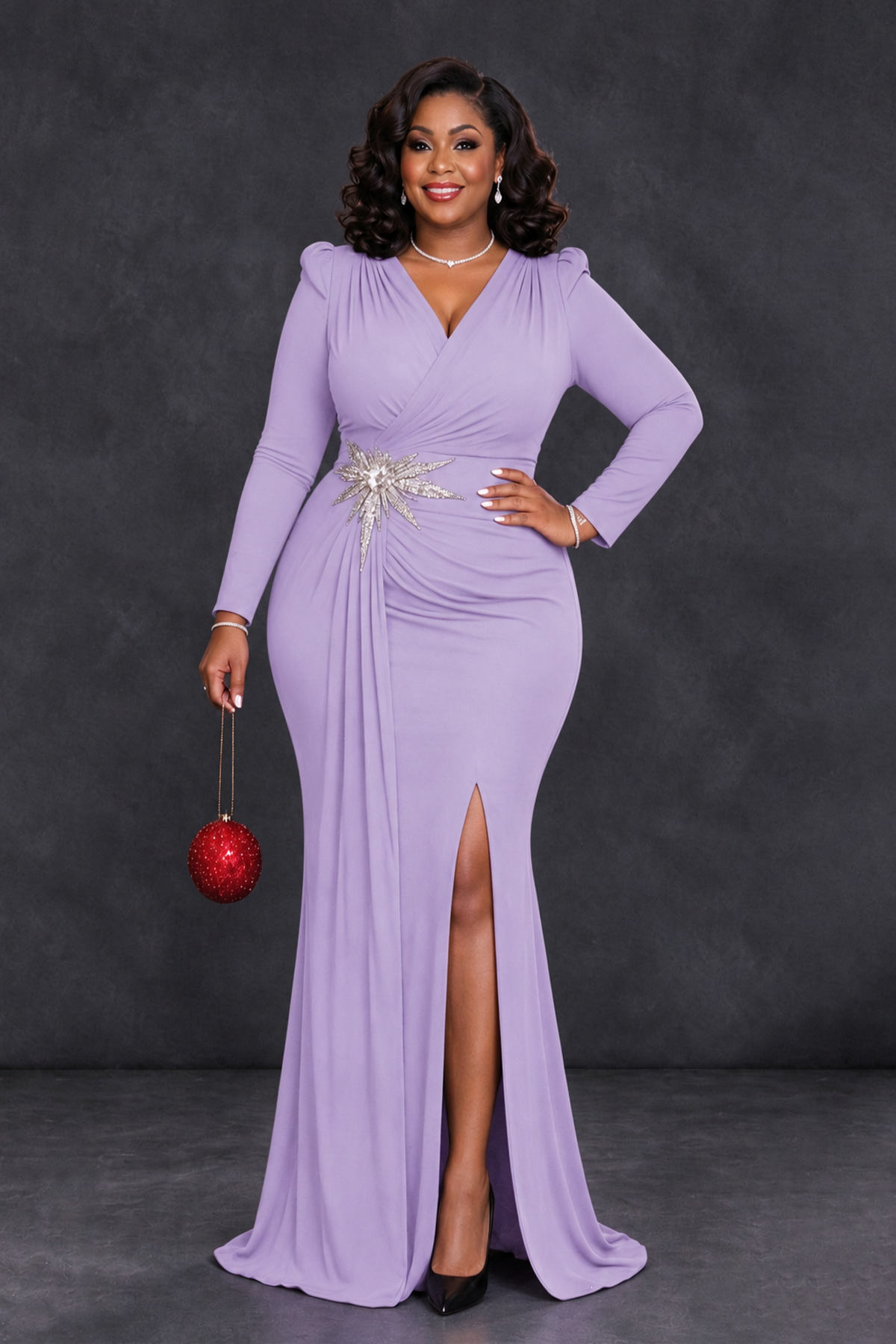 BOLODOO Lilac Plus Size Long Sleeve V-Neck Mother of the Bride Dress with Slit - Lilac - Lilac_1