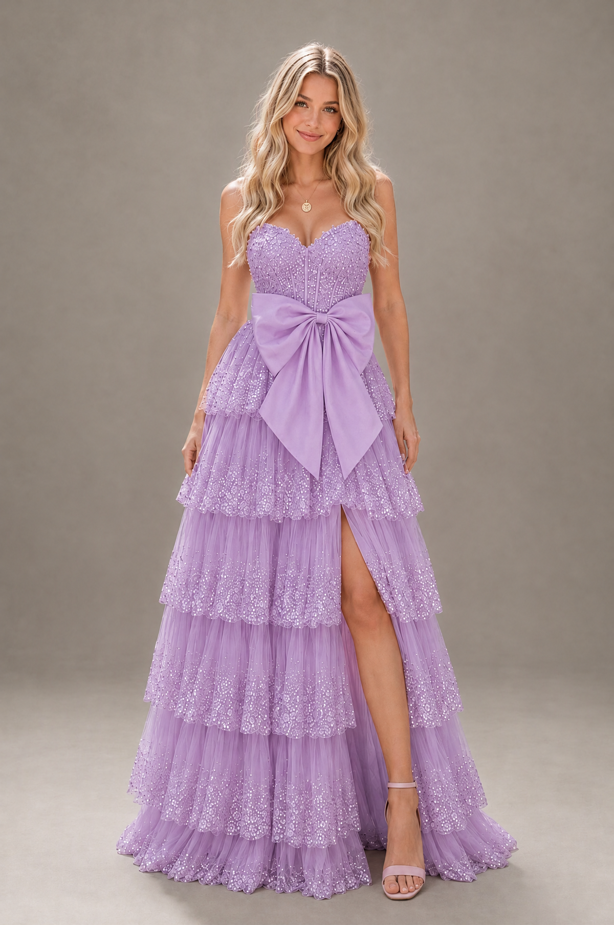 BOLODOO Lilac Strapless Tiered Tulle Prom Dress with Bow - Lilac - Lilac_1