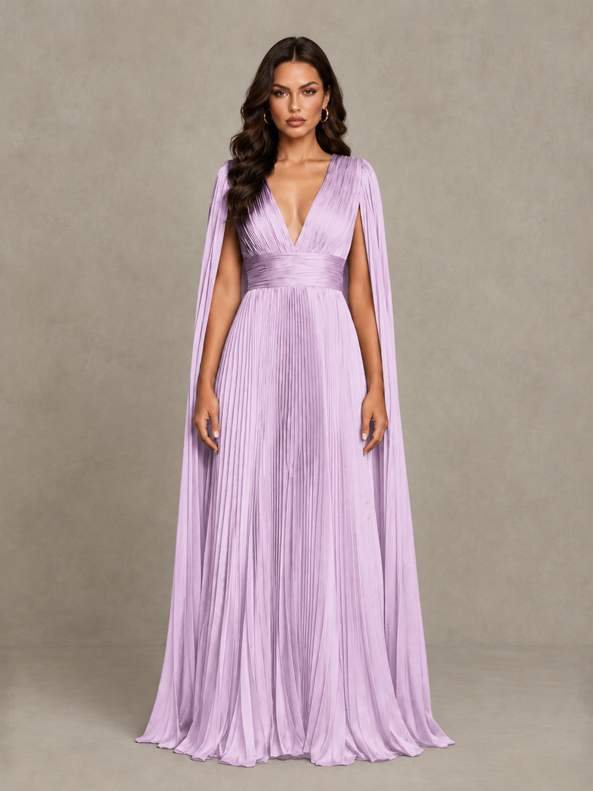 BOLODOO Lilac Deep V-Neck Pleated Cape Sleeve Evening Gown - Lilac - Lilac_1