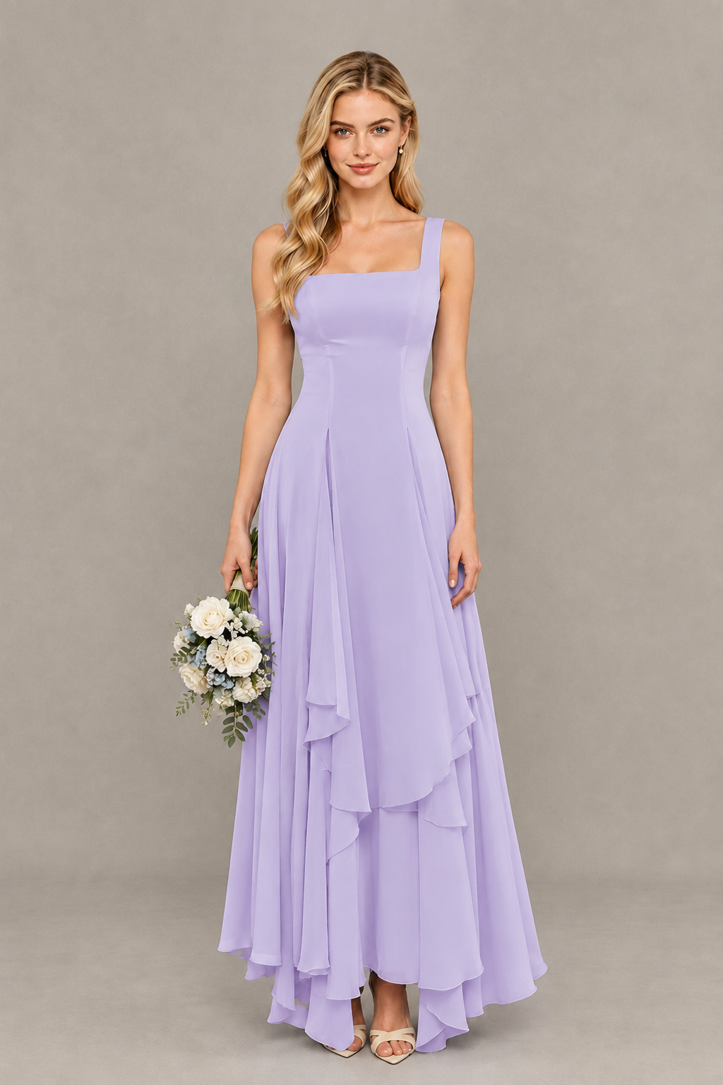 BOLODOO Lilac Square Neck Chiffon Bridesmaid Dress with Lace-Up Back - Lilac