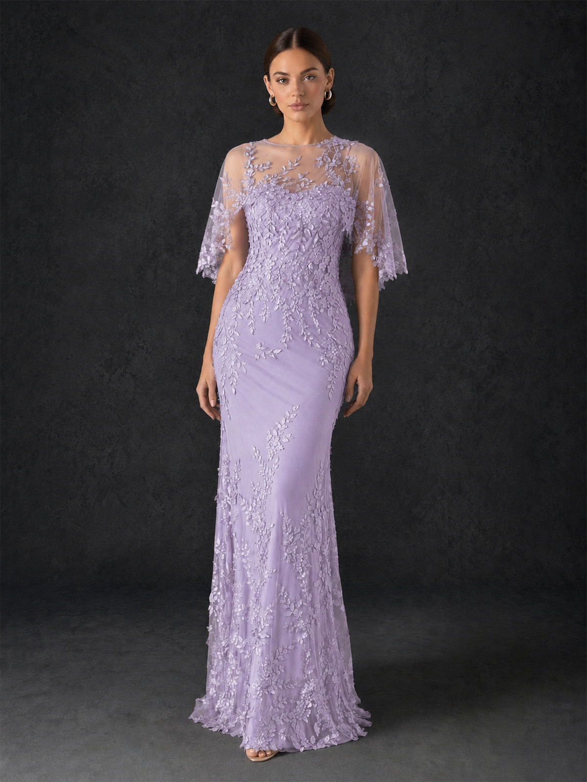 BOLODOO Mocha Lilac Botanical Lace Flutter Sleeve Mermaid Gown - Lilac