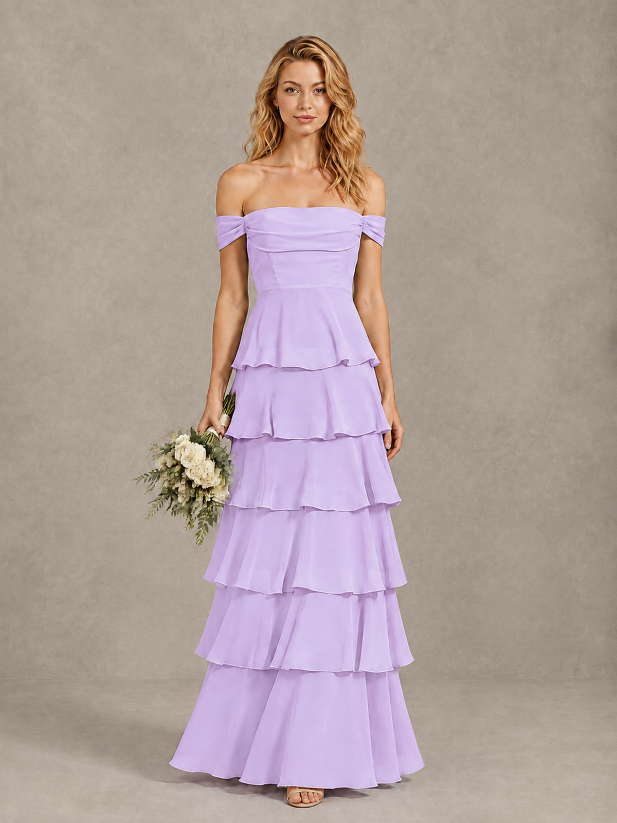 BOLODOO Lilac Off-Shoulder Tiered Ruffle Bridesmaid Dress with Lace-Up Back - Lilac - Lilac_1