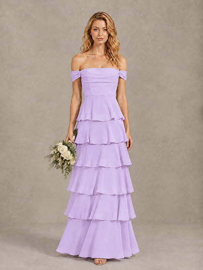 BOLODOO Lilac Off-Shoulder Tiered Ruffle Bridesmaid Dress with Lace-Up Back - Lilac - Lilac_1