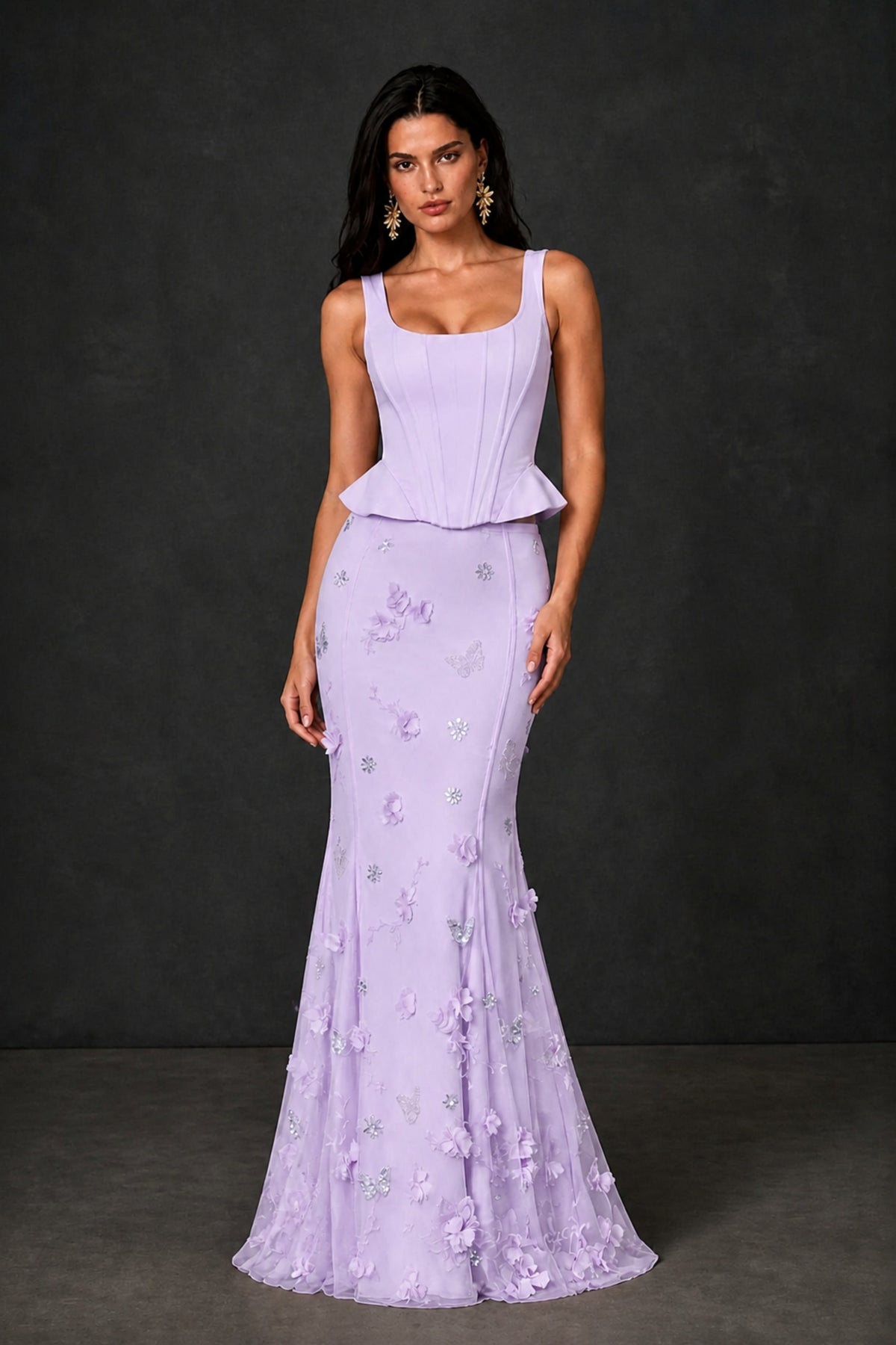 BOLODOO Lilac Peplum Corset Top & 3D Floral Mermaid Skirt Two-Piece Set – Lace-Up Back Formal Gown - Lilac
