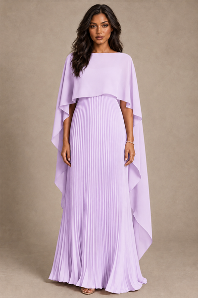BOLODOO Lilac Pleated Cape A-Line Evening Dress - Lilac - Lilac_1