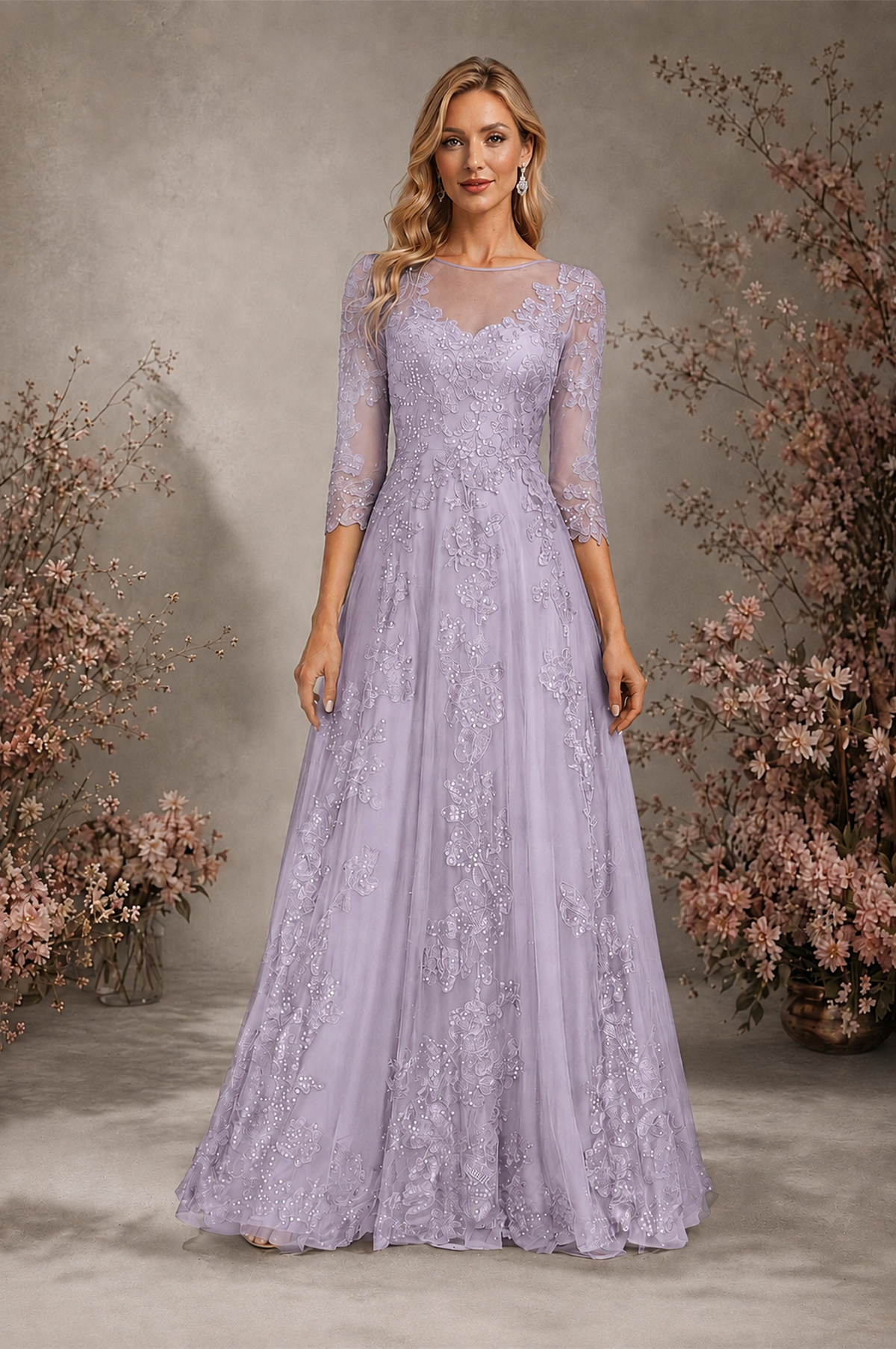 BOLODOO Lilac Sequin Lace 3/4 Sleeve Open Back Formal Evening Gown - Lilac