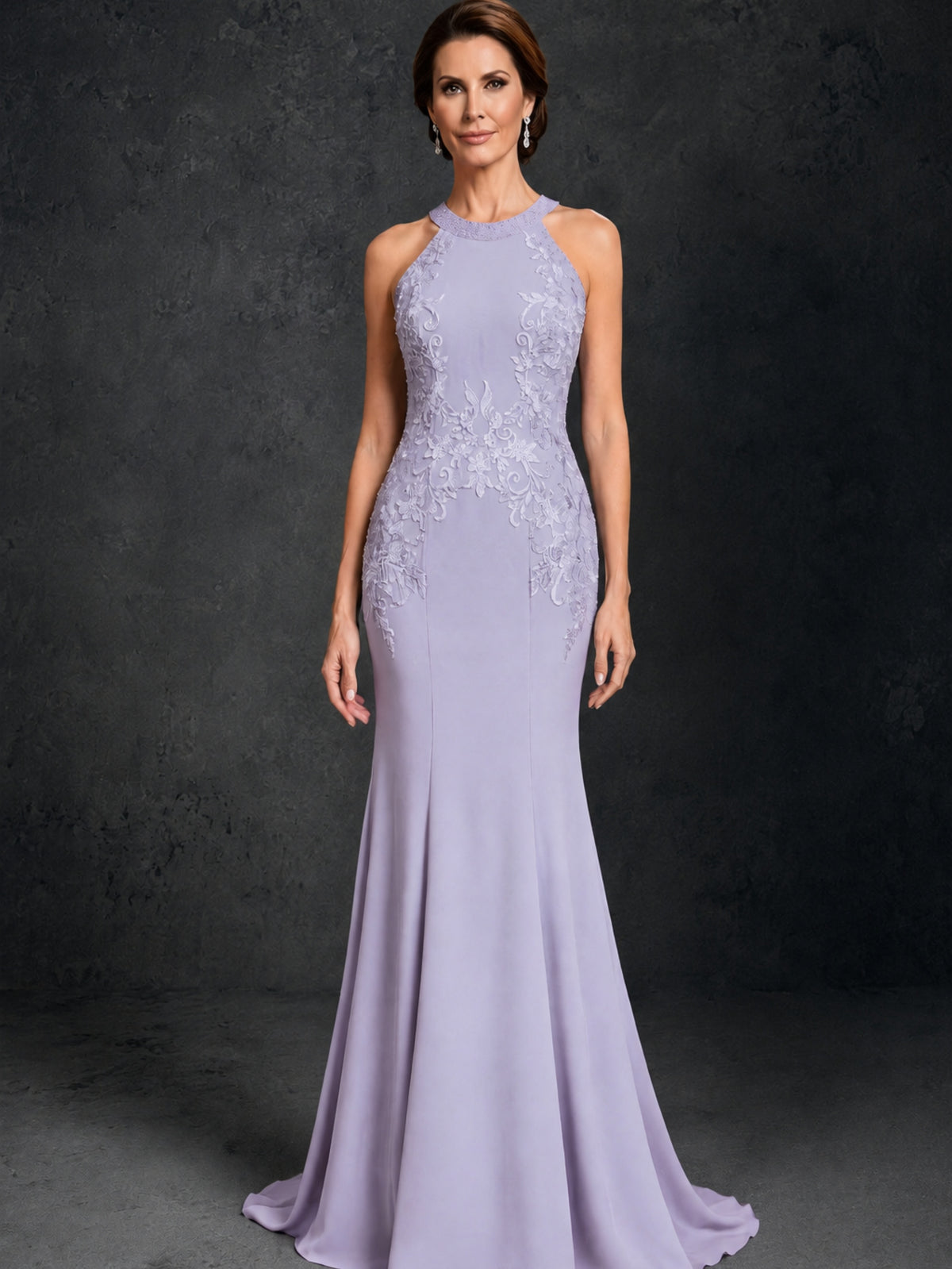 BOLODOO Lilac Lace Applique Halter Neck Sheer Back Mermaid Maxi Dress with Sweep Train - Lilac