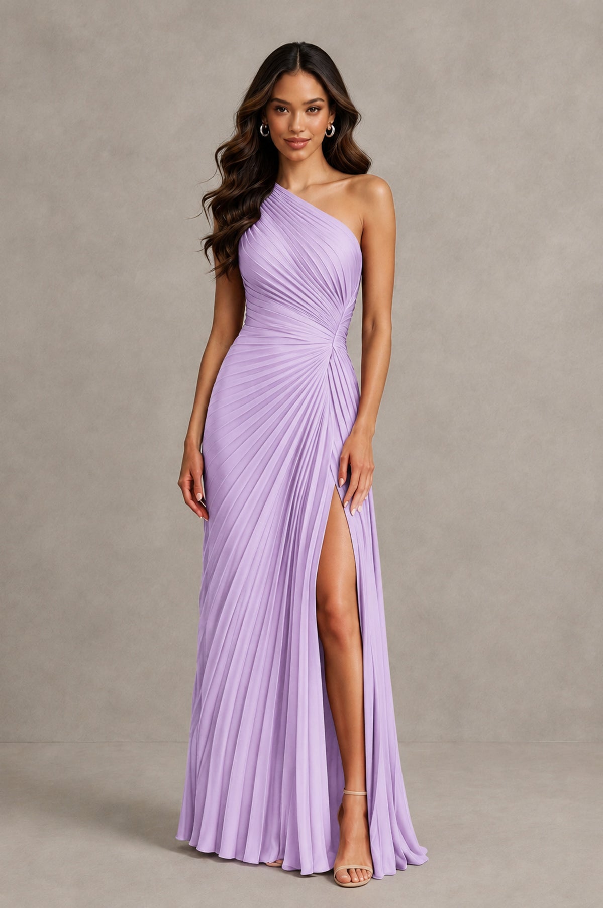 BOLODOO Lilac One Shoulder Pleated Evening Dress with Ruched Waist and High Slit - Lilac - Lilac_1