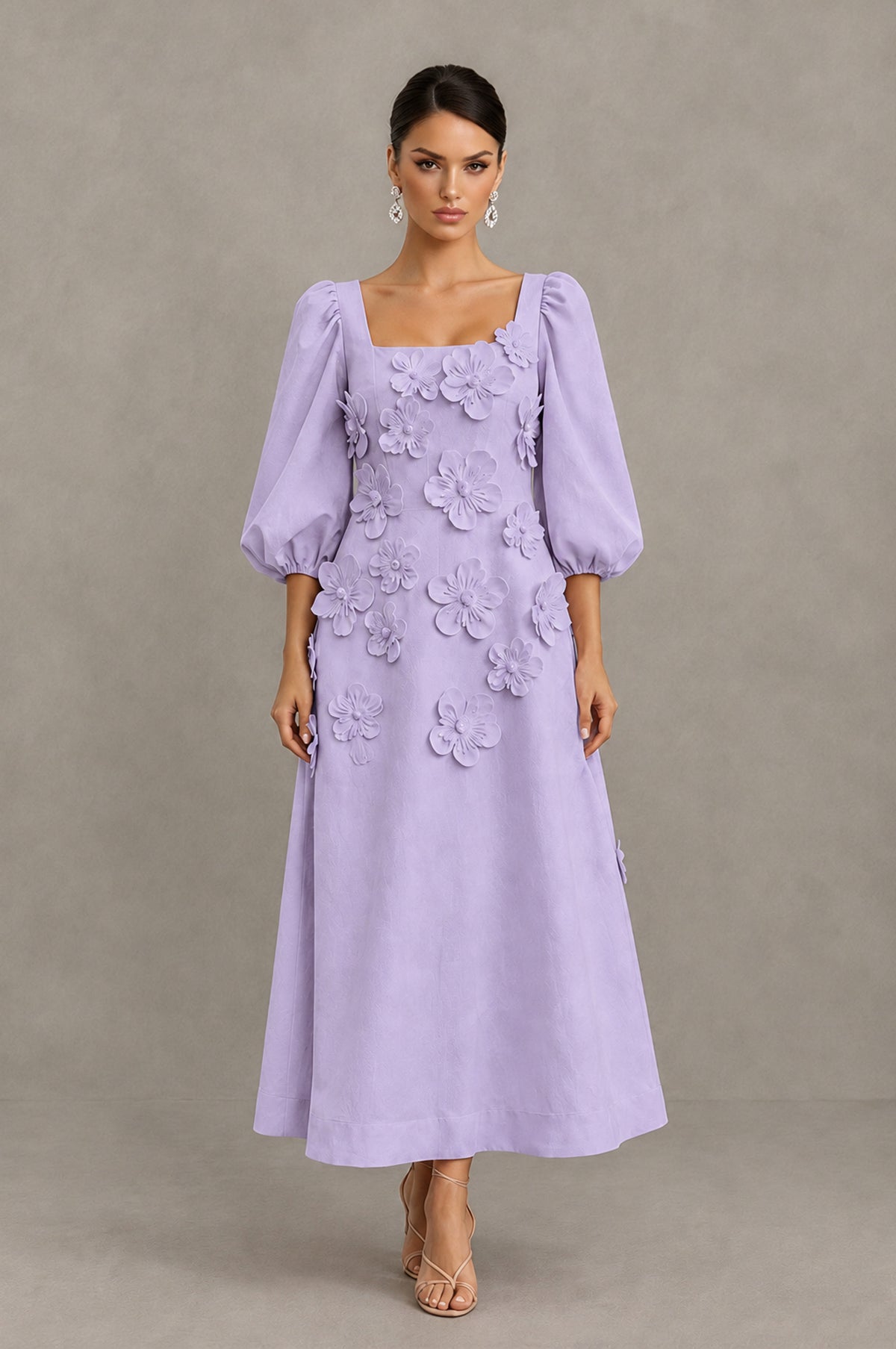 BOLODOO Lilac 3D Floral Puff Sleeve Midi Cocktail Dress - Lilac - Lilac_1