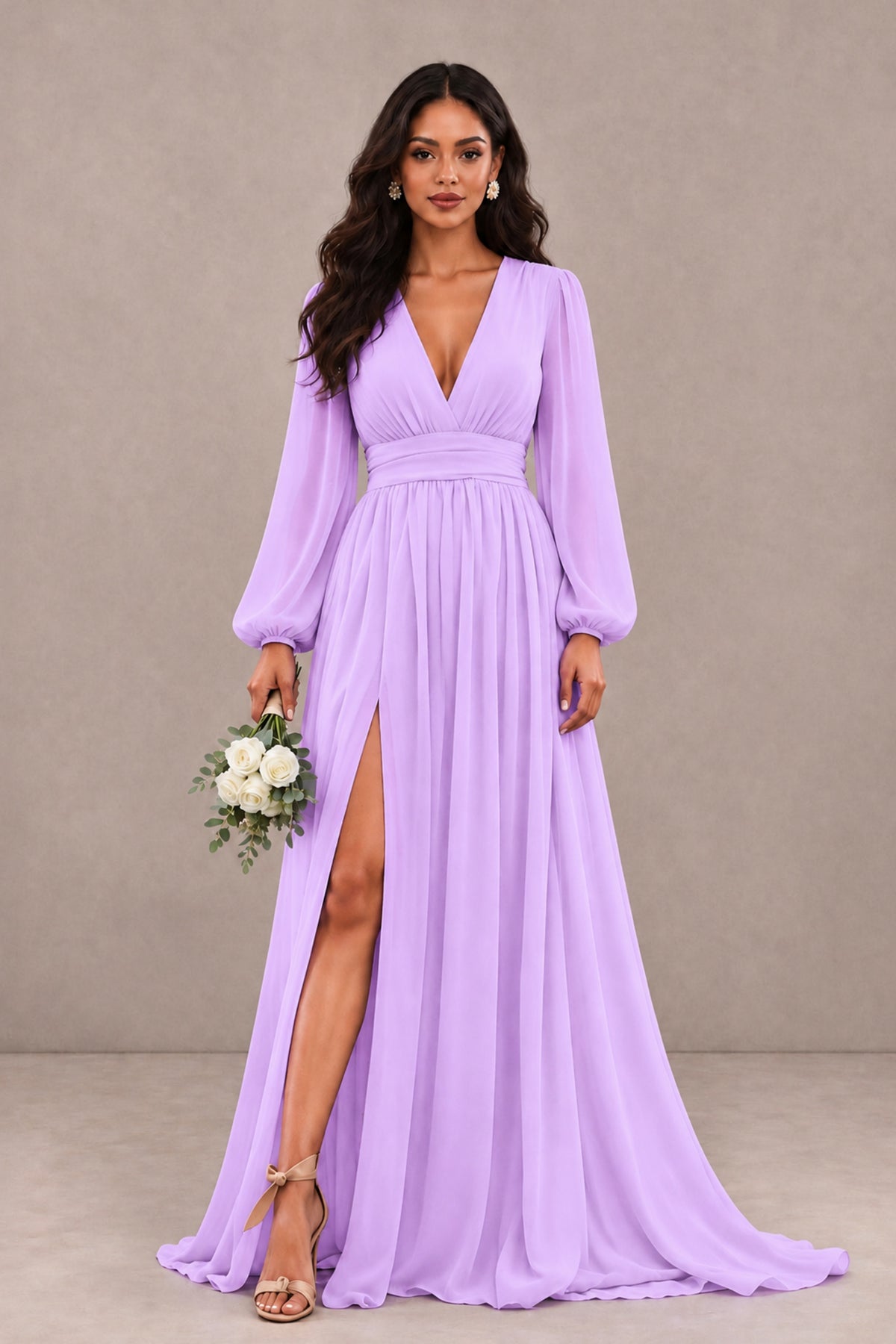 BOLODOO Lilac Long Sleeve V-Neck A-Line Gown with Open Back & Slit - Lilac - Lilac_1