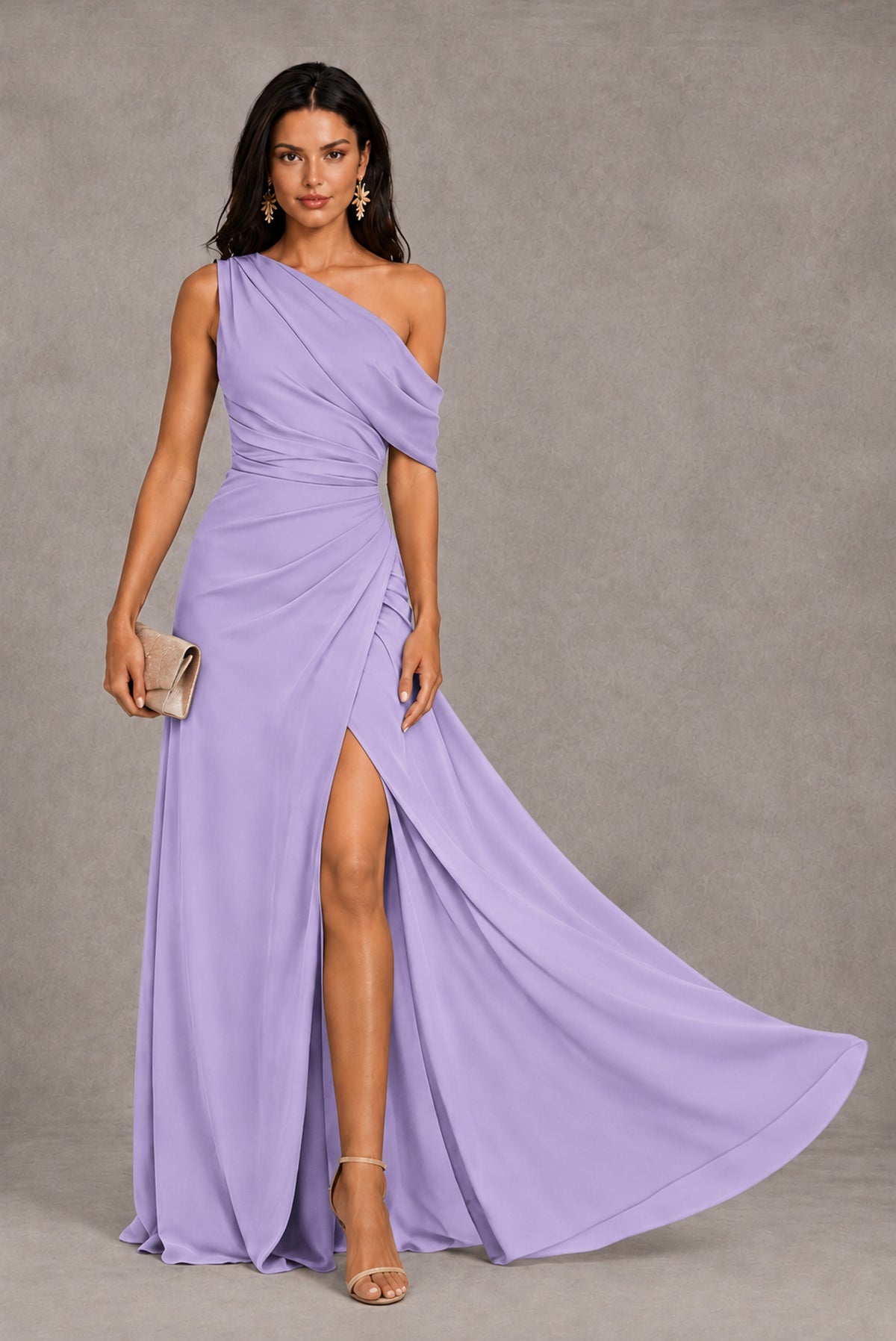 Lilac One-Shoulder Floor-Length Evening Gown with High Slit - Lilac
