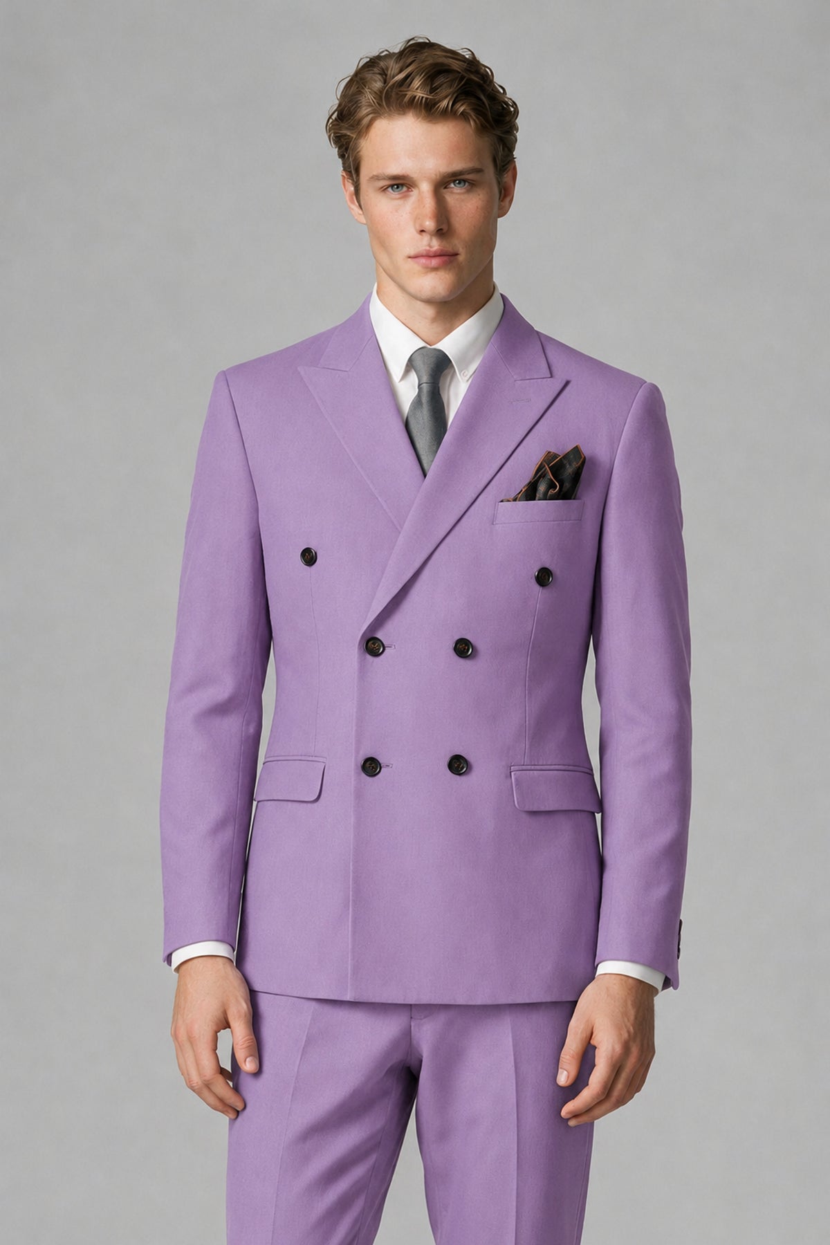 Bolodoo Men's Lilac Double-Breasted Two-Piece Suit with Peak Lapels - Lilac - Lilac_1