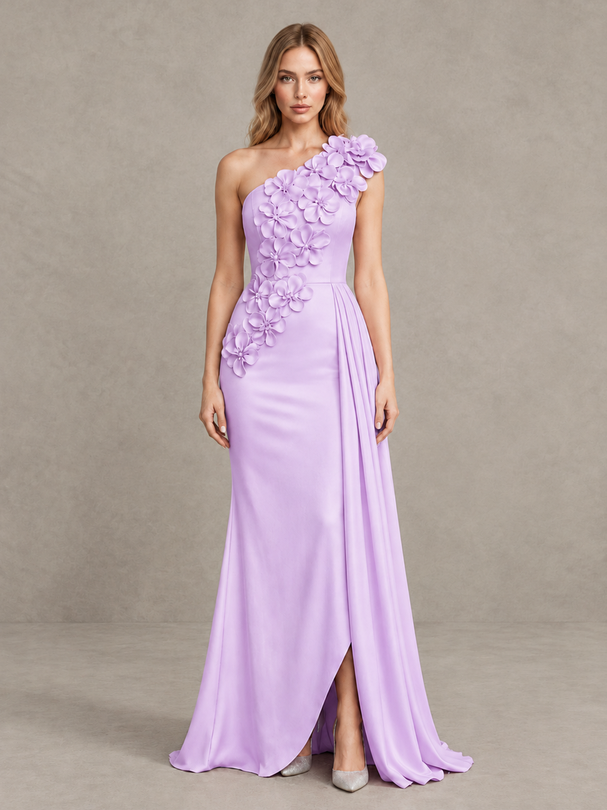 BOLODOO Lilac One-Shoulder Satin Mermaid Evening Gown with 3D Floral Appliqué - Lilac - Lilac_1