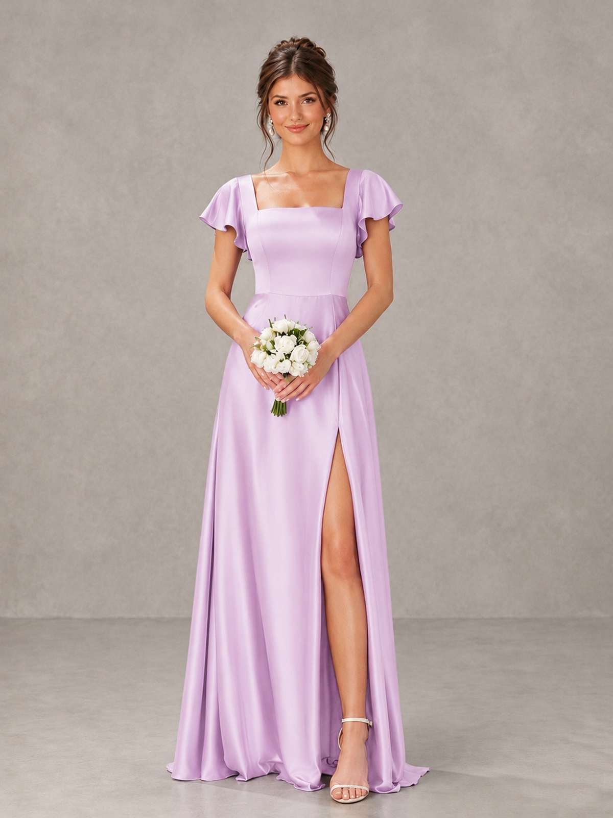 BOLODOO Lilac Satin Square Neck Flutter Sleeve A-Line Bridesmaid Dress with Slit - Lilac - Lilac_1