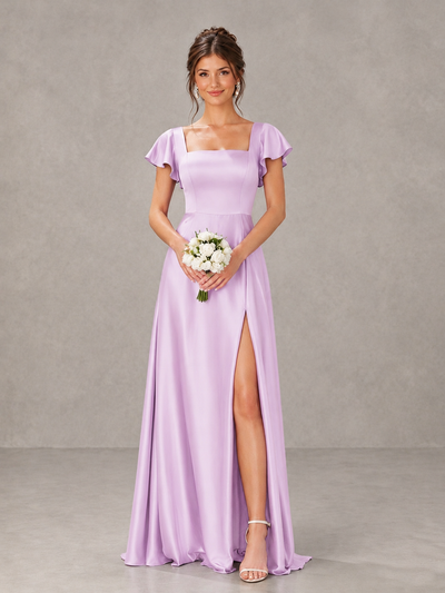 BOLODOO Lilac Satin Square Neck Flutter Sleeve A-Line Bridesmaid Dress with Slit - Lilac - Lilac_1