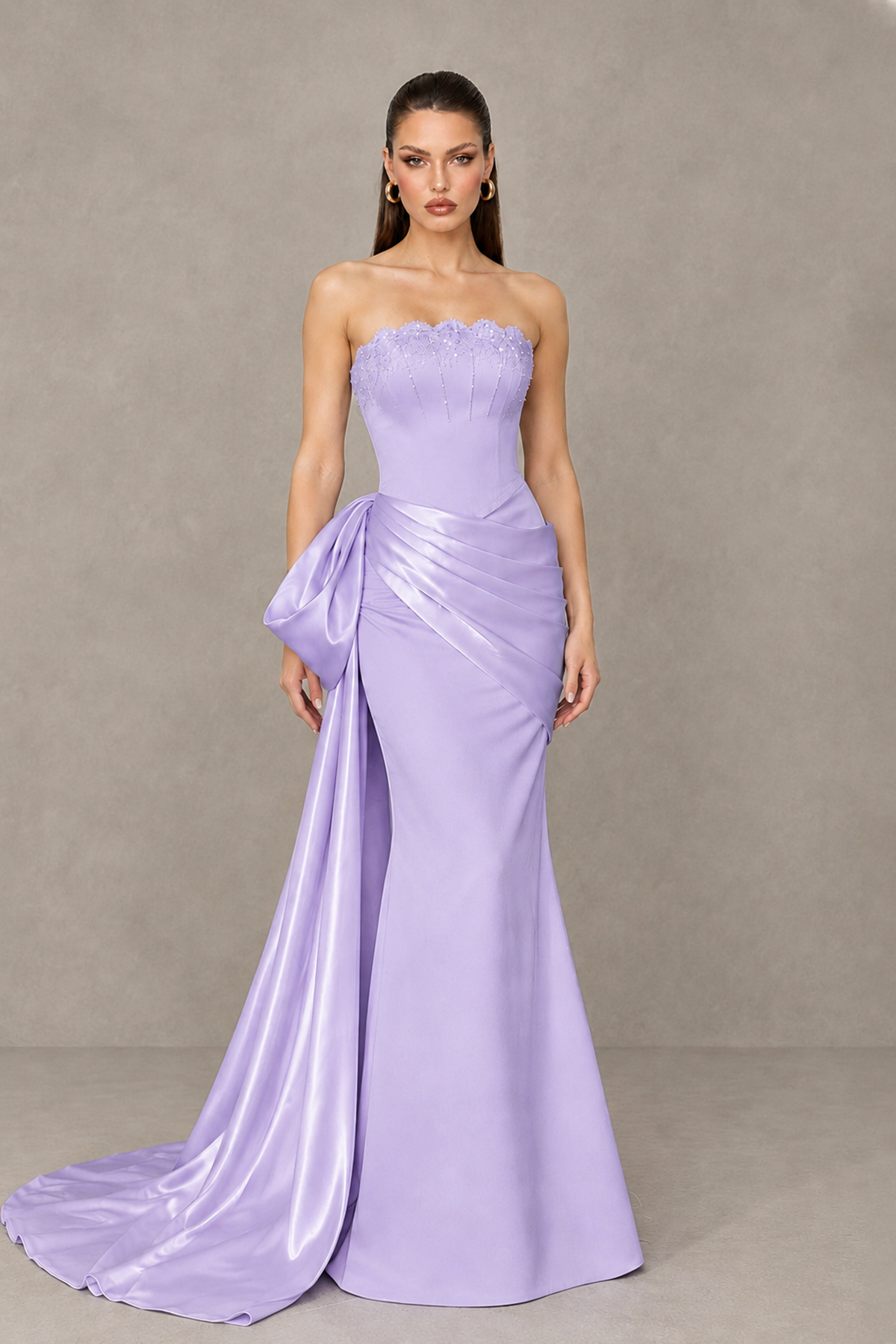 BOLODOO Lilac Strapless Satin Prom Dress with Draped Side Train - Lilac - Lilac_1