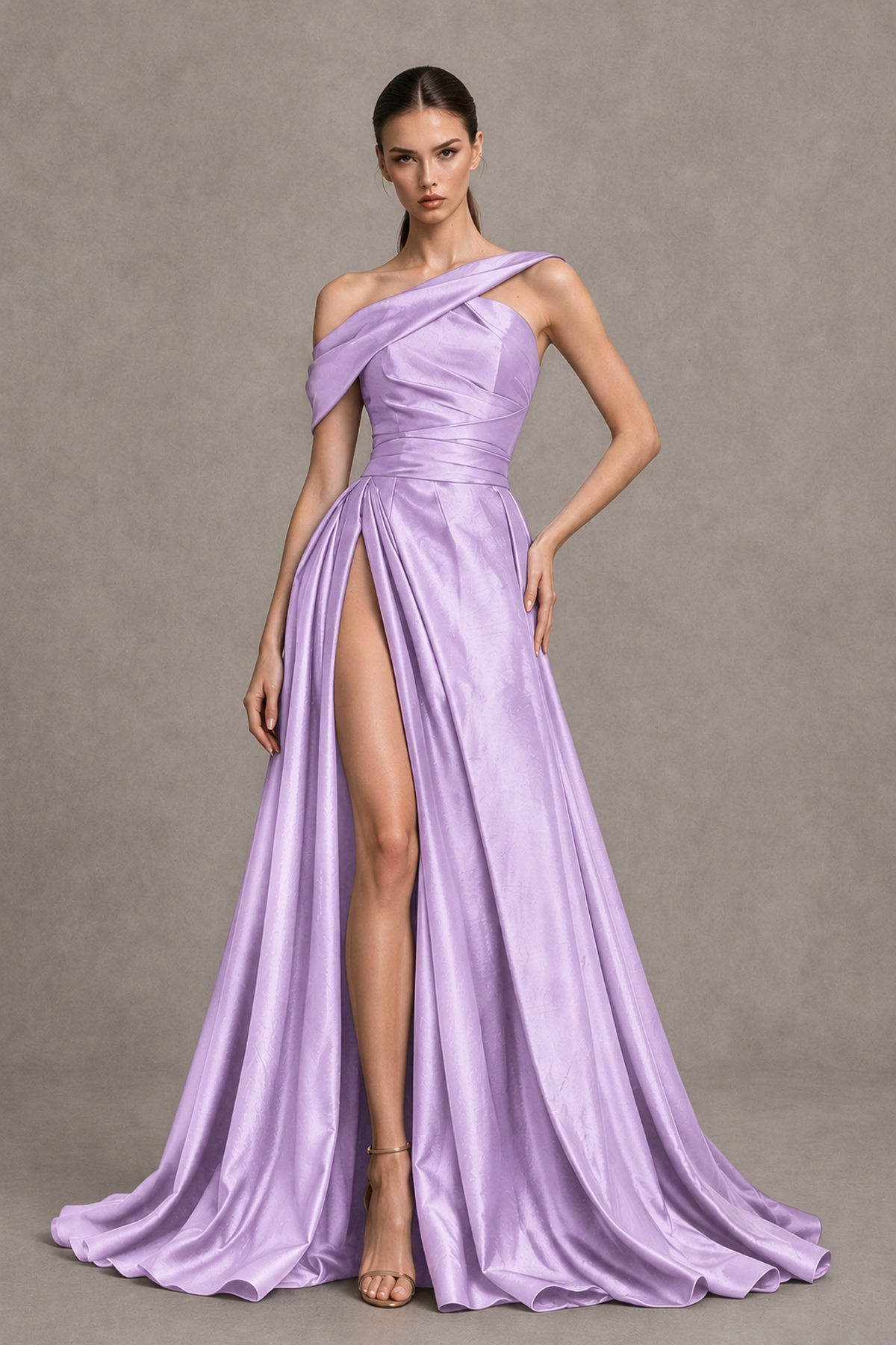 BOLODOO Lilac Asymmetric Satin-Look A-Line Prom Dress with High Slit - Lilac - Lilac_1