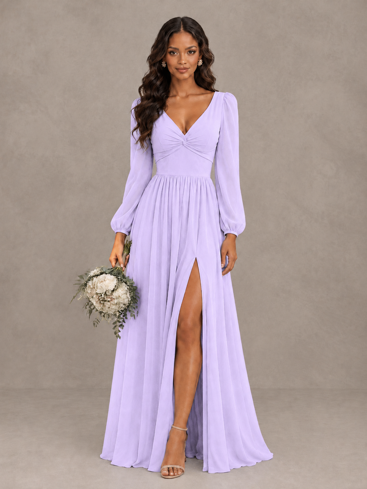 BOLODOO Lilac V-Neck Long Sleeve Bridesmaid Dress with Tie Back and Slit - Lilac - Lilac_1