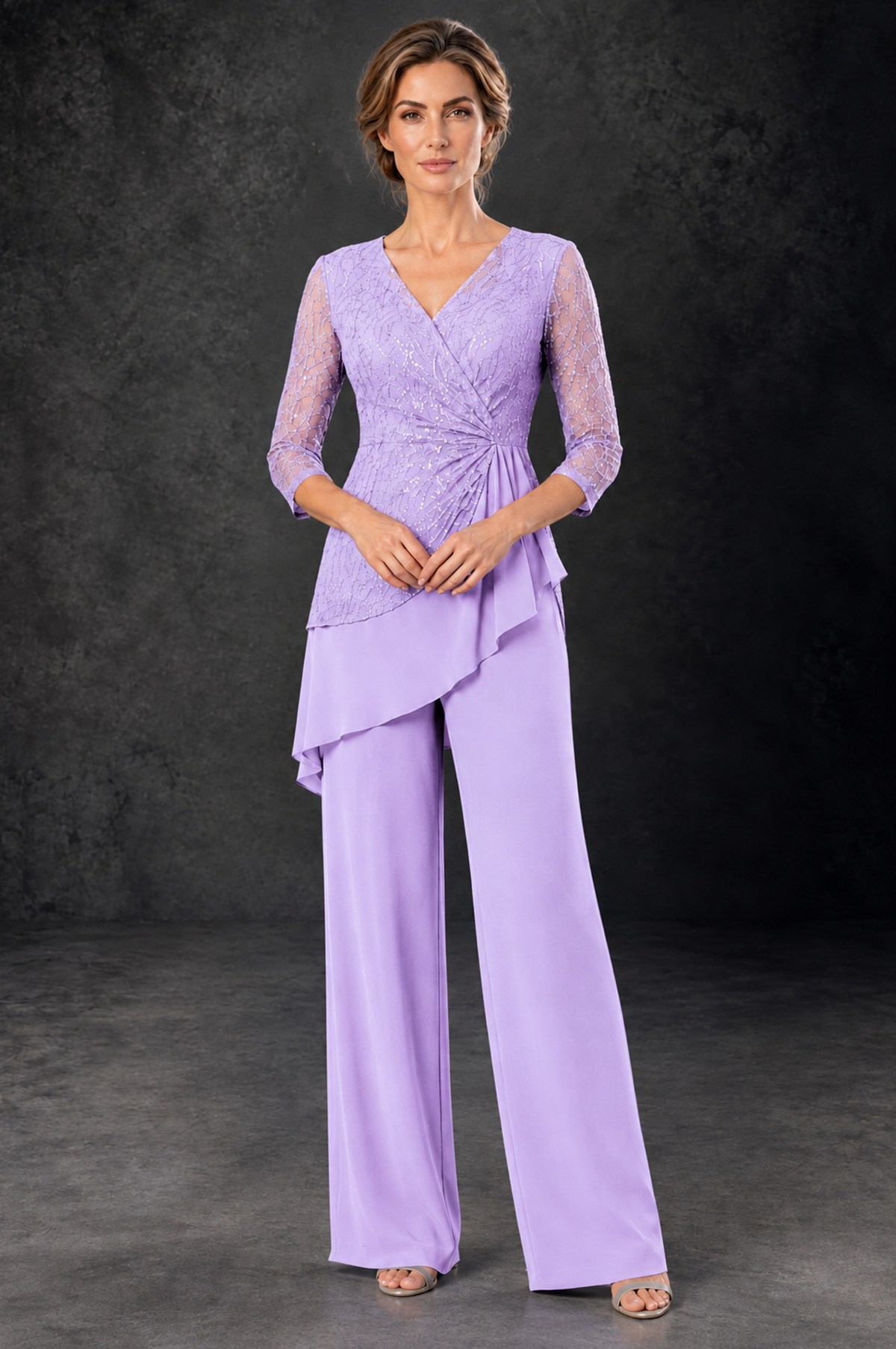 BOLODOO Lilac Sequin Lace 3/4 Sleeve Chiffon Mother of the Bride Pant Suit - Lilac - Lilac_1